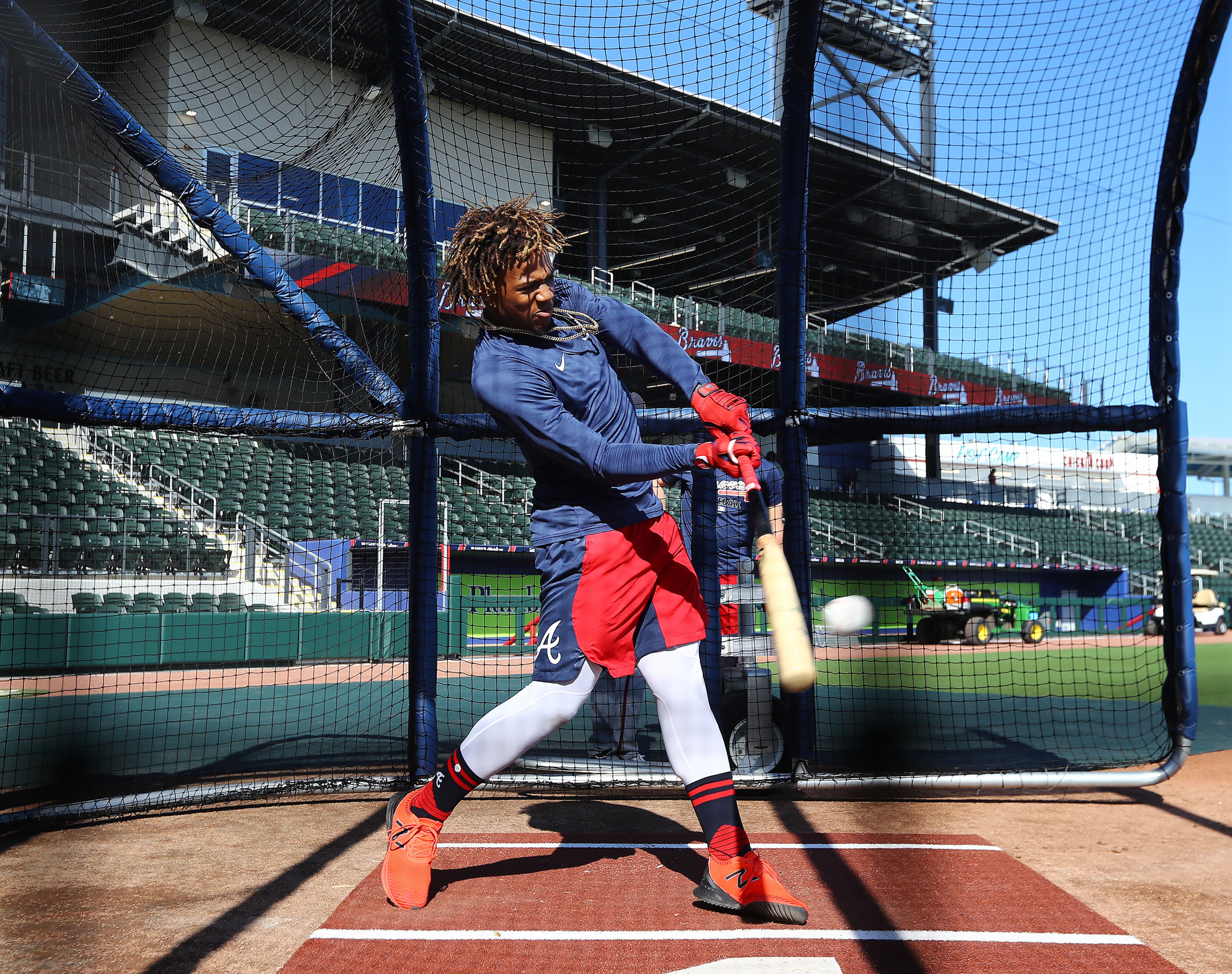 Braves outfielder Ronald Acuna Jr. takes batting practice in CoolToday Park during spring training on Saturday, Feb. 15, 2020, in North Port. Curtis Compton ccompton@ajc.com