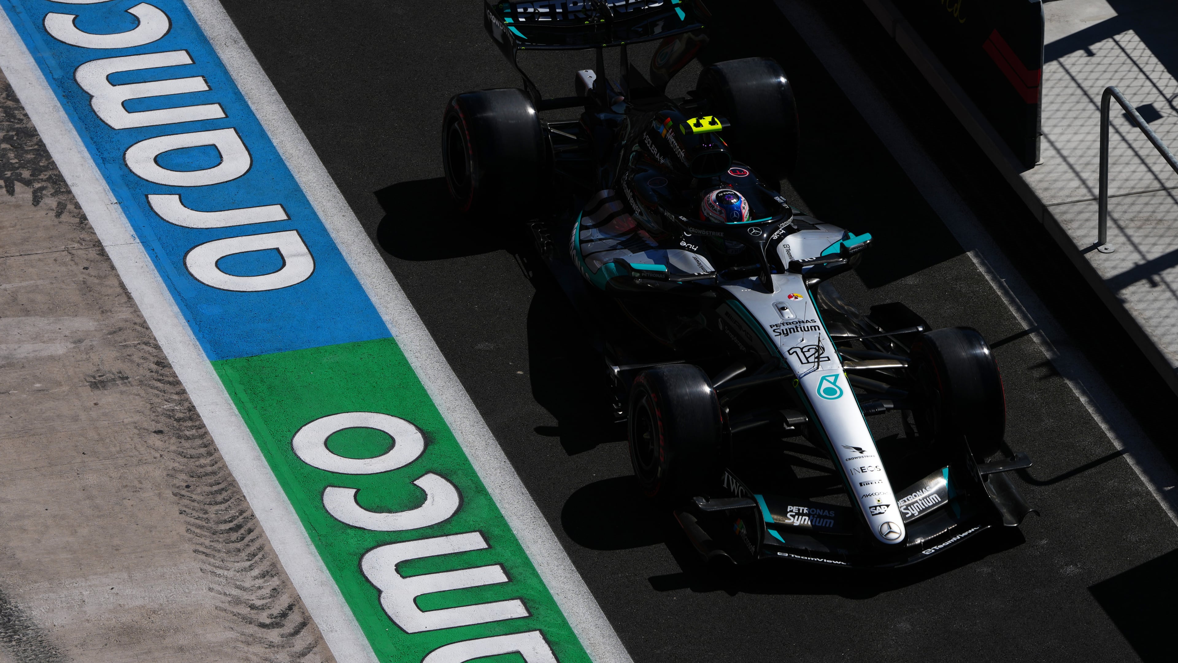 Mercedes driver Andrea Kimi Antonelli of Italy steers his car during the third free practice ahead of the Spanish Formula One Grand Prix in Madrid, Saturday, Sept. 12, 2026. (AP Photo/Manu Fernandez)