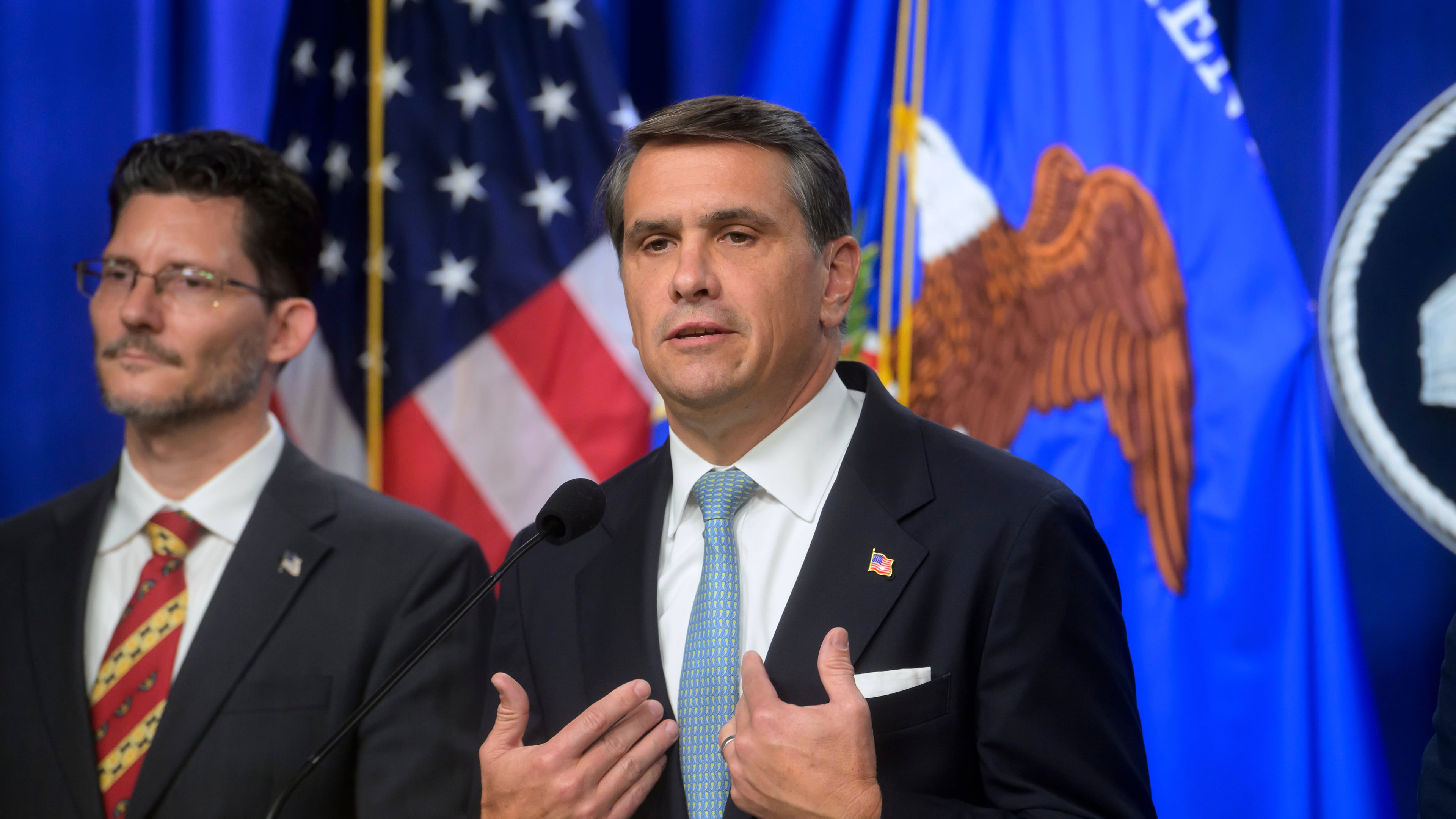 Acting Attorney General Todd Blanche, right, is joined by Deputy Assistant Secretary of the Department of State's Bureau of International Narcotics and Law Enforcement Affairs, Ambassador Michael C. Gonzales, left, during a news conference at the Department of Justice, Wednesday, August 5, 2026 in Washington. (AP Photo/Rod Lamkey, Jr.)