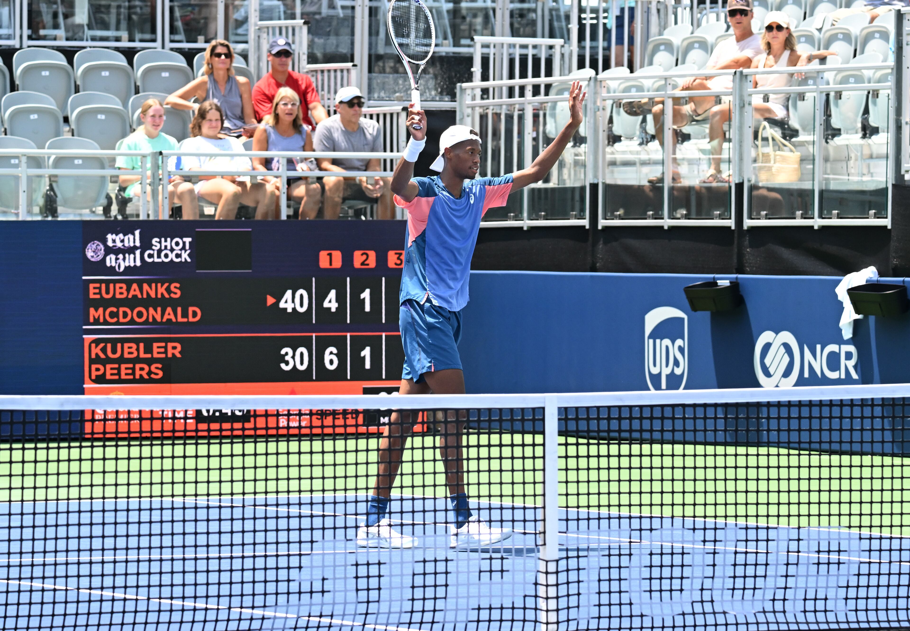 Christopher Eubanks (USA) reacts as he and Mackenzie McDonald (USA) play against Jason Kubler (AUS) and John Peers (AUS) during a men doubles semifinal match at the 2022 Atlanta Tennis Open at Atlantic Station on Saturday, July 30, 2022. (Hyosub Shin / Hyosub.Shin@ajc.com)