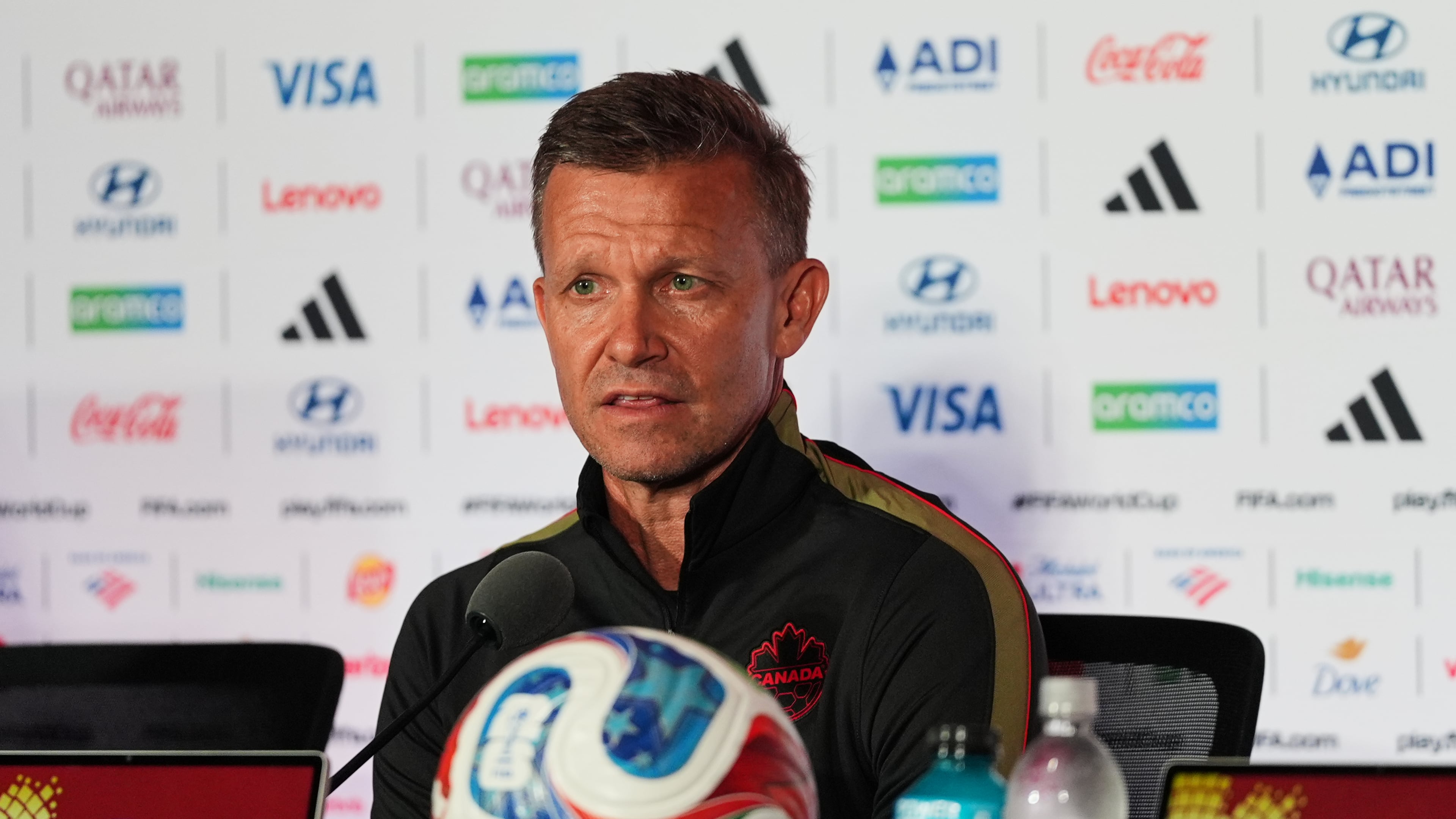 Canada head coach Jesse Marsch speaks during a press conference, Thursday, June 11, 2026, in Toronto, on the eve of the team's World Cup soccer match against Bosnia. (AP Photo/Stephanie Scarbrough)