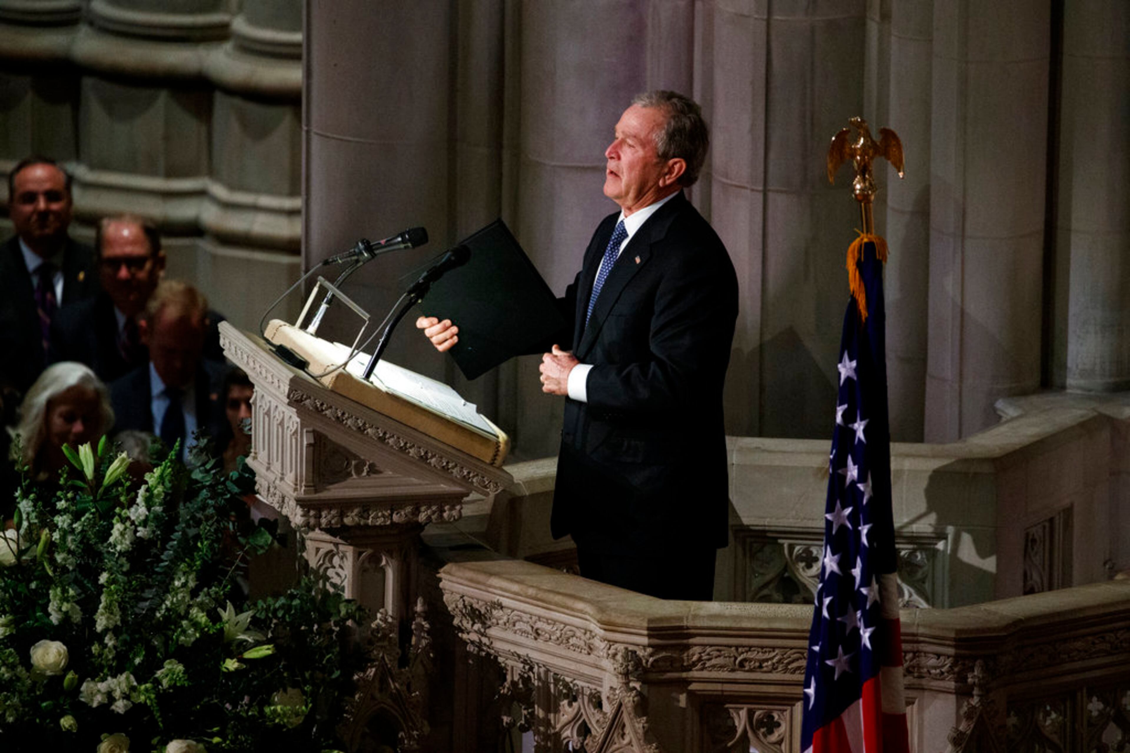 Former President George W. Bush speaks during the State Funeral for his father, former President George H.W. Bush, at the National Cathedral, Wednesday, Dec. 5, 2018, in Washington. (AP Photo/Evan Vucci)
