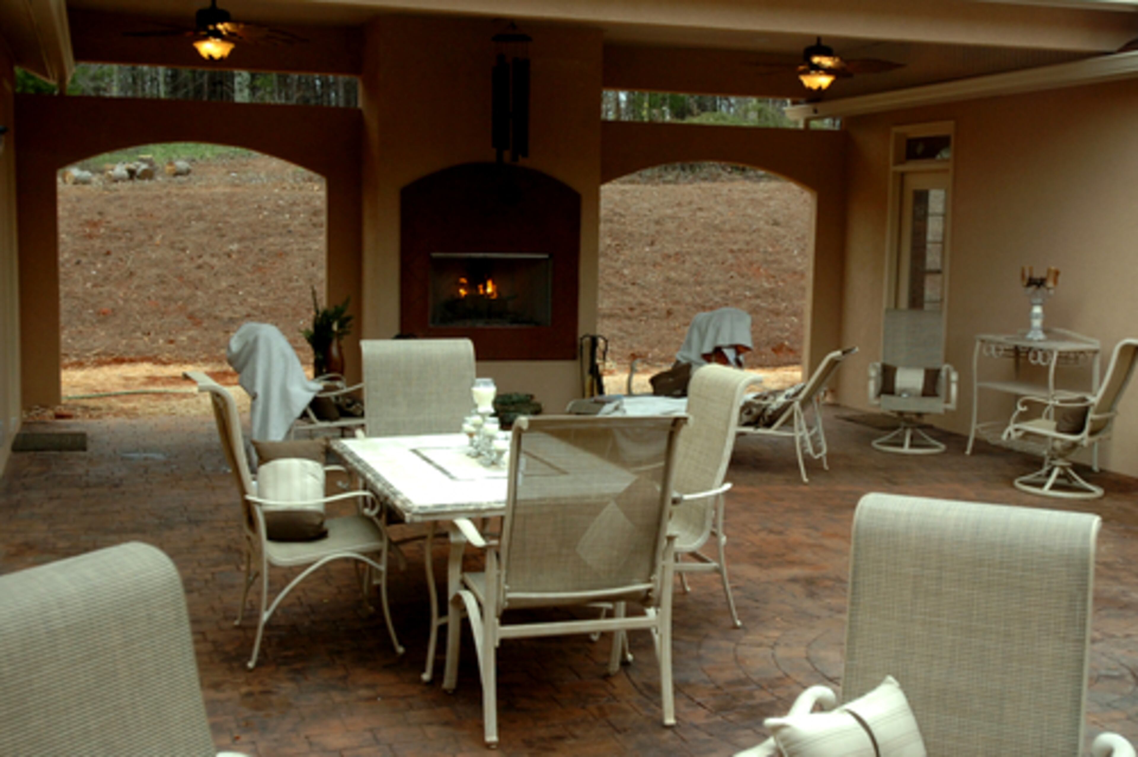 The courtyard and outdoor fireplace.