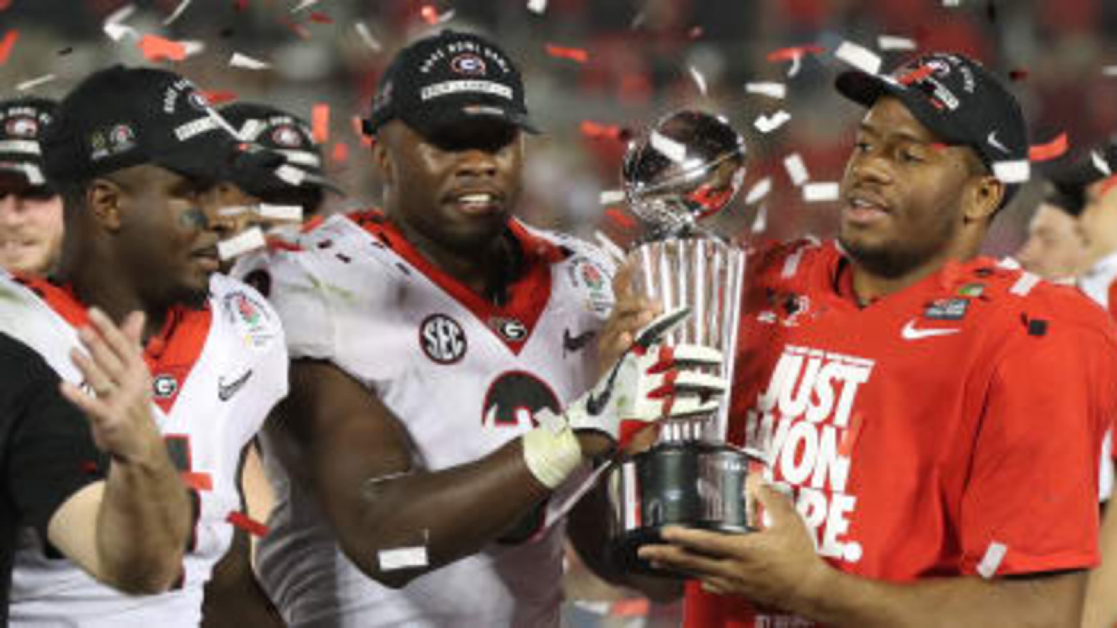 University of Georgia players celebrate after winning the Rose Bowl in a double-overtime thriller.