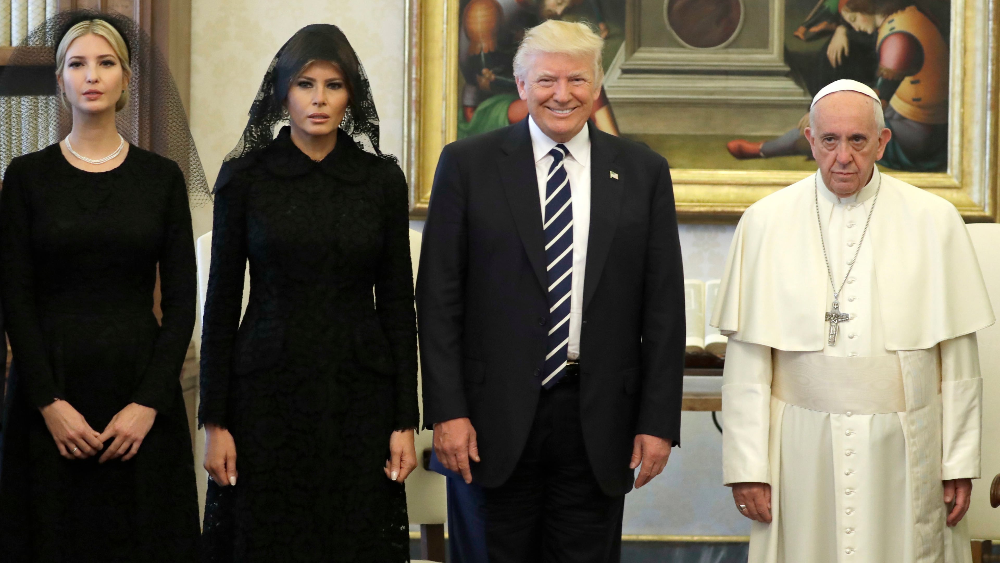 U.S. President Donald Trump, first lady Melania Trump and daughter Ivanka Trump, left, meet with Pope Francis, Wednesday, May 24, 2017, at the Vatican. (AP Photo/Evan Vucci, Pool)