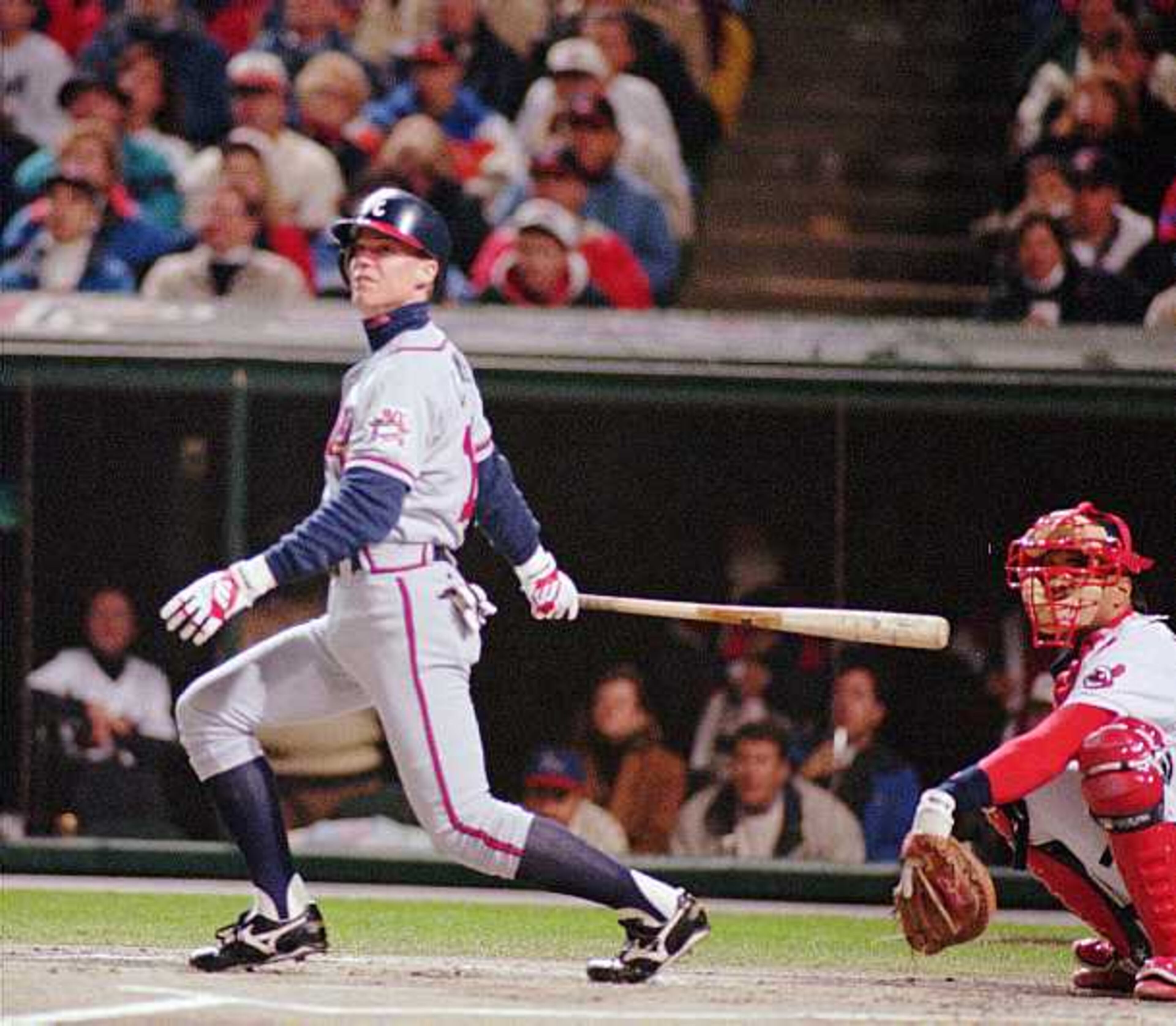 Chipper Jones hits a double in the World Series.
