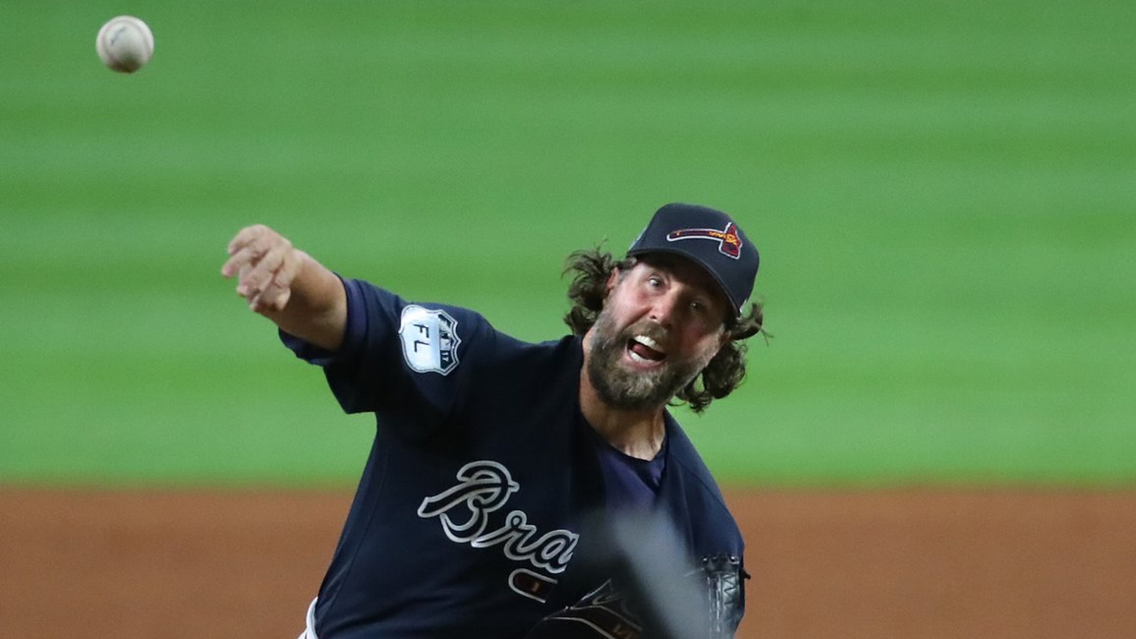 Braves knuckleballer R.A. Dickey pitched two scoreless innings of one-hit ball Friday in an exhibition win at new SunTrust Park. (Curtis Compton/ccompton@ajc.com)