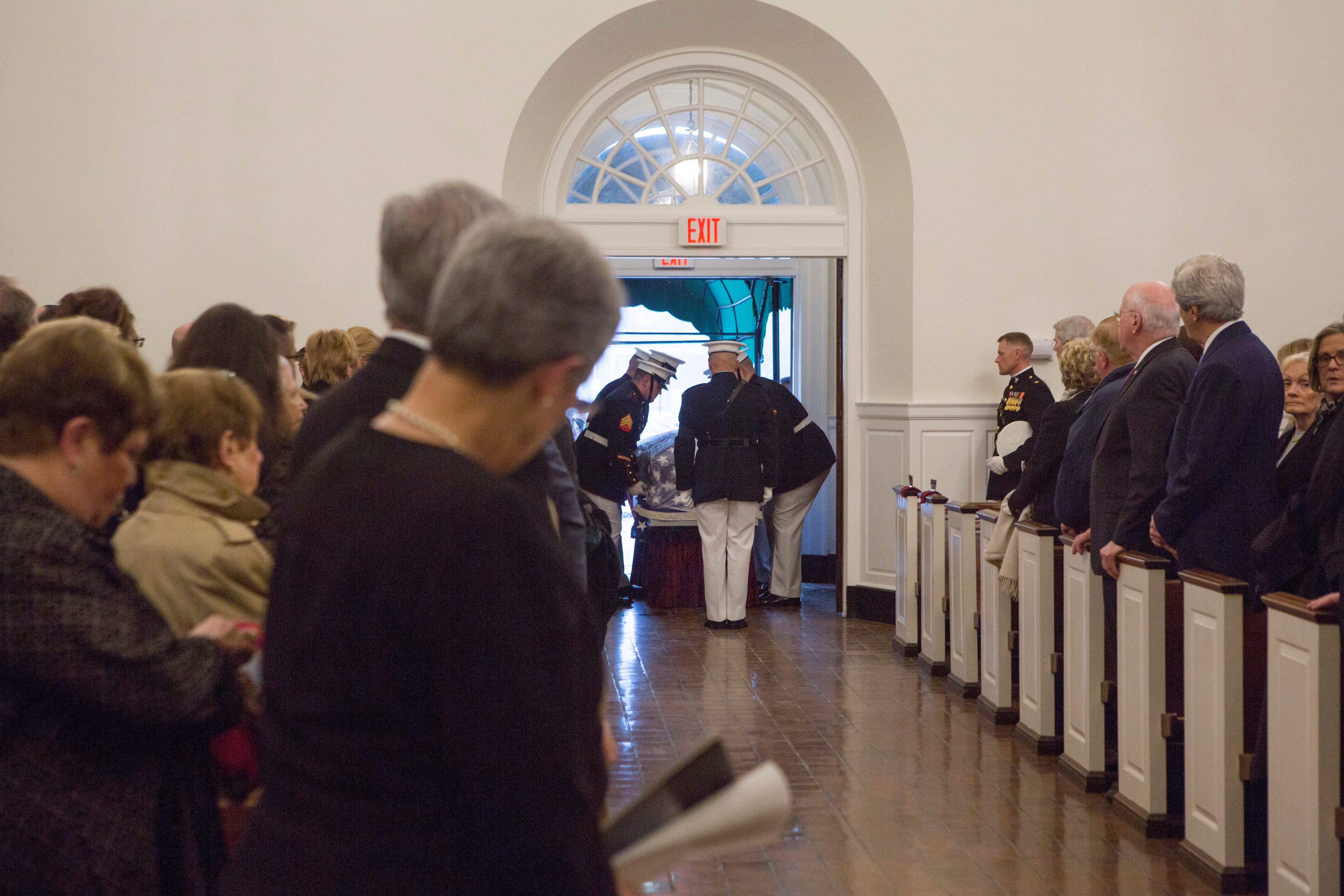 Marines with Marine Barracks Washington carry the remains of retired Marine Col. John H. Glenn Jr., during his funeral service at the Old Post Chapel, Ft. Meyer, Arlington, Va. April 6, 2017. Glenn passed away Dec. 8, 2016. Glenn was a U.S. Marine aviator who flew 149 combat missions during World War II and the Korean War. He later became a NASA astronaut and was the first man to orbit the earth aboard the âFriendship 7â in 1962. H was then elected to the U.S. Senate for the state of Ohio in 1974 and served four consecutive terms. (U.S. Marine Corps photo by Cpl. Christian Varney)