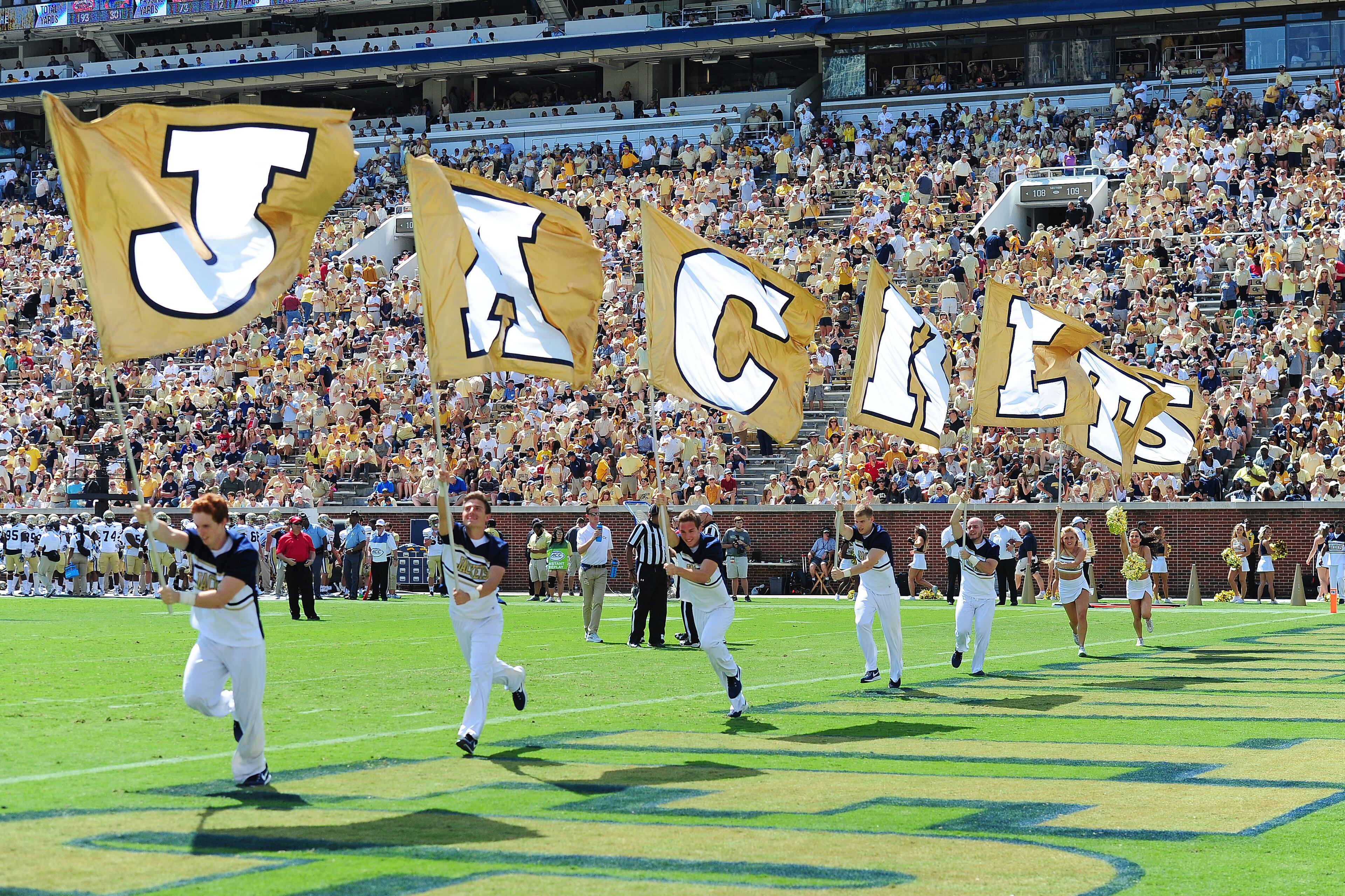 Members of the Georgia Tech Yellow Jackets Cheerleaders perform during the game against Jacksonville State Gamecocks on September 9, 2017 in Atlanta, Georgia. Photo by Scott Cunningham/Getty Images)