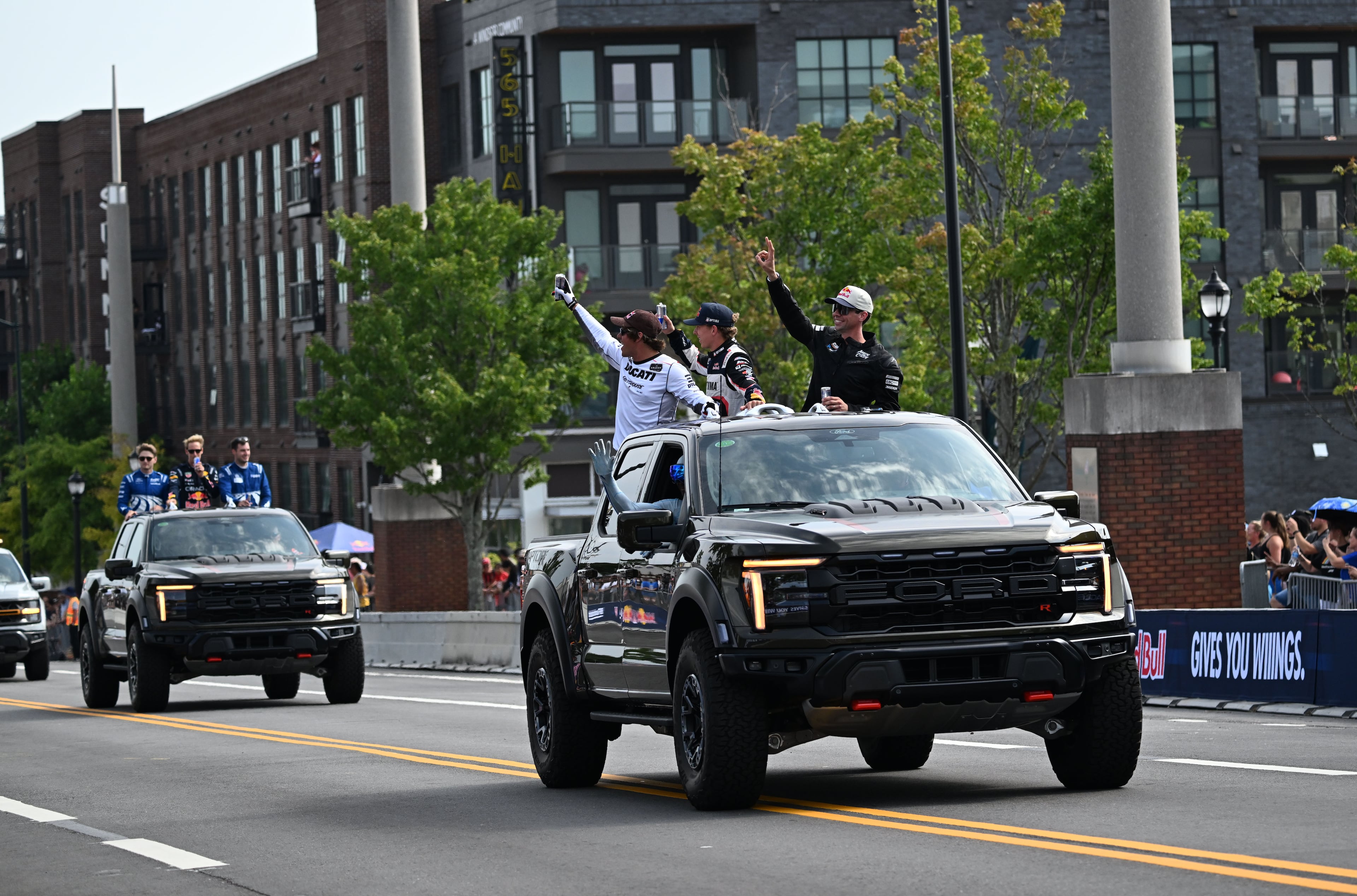 Drivers participate in a parade during the Red Bull Showrun Atlanta Presented by Ford Racing on Saturday, Aug. 1, 2026, in Atlanta. Atlanta city officials this week approved permits for the Red Bull Showrun that will allow the live motorsports demonstration event to go on as advertised along a roughly half-mile stretch of Hank Aaron Drive — a backup location after earlier plans to hold the event near Piedmont Park ran into opposition from Midtown residents. (Hyosub Shin/AJC)