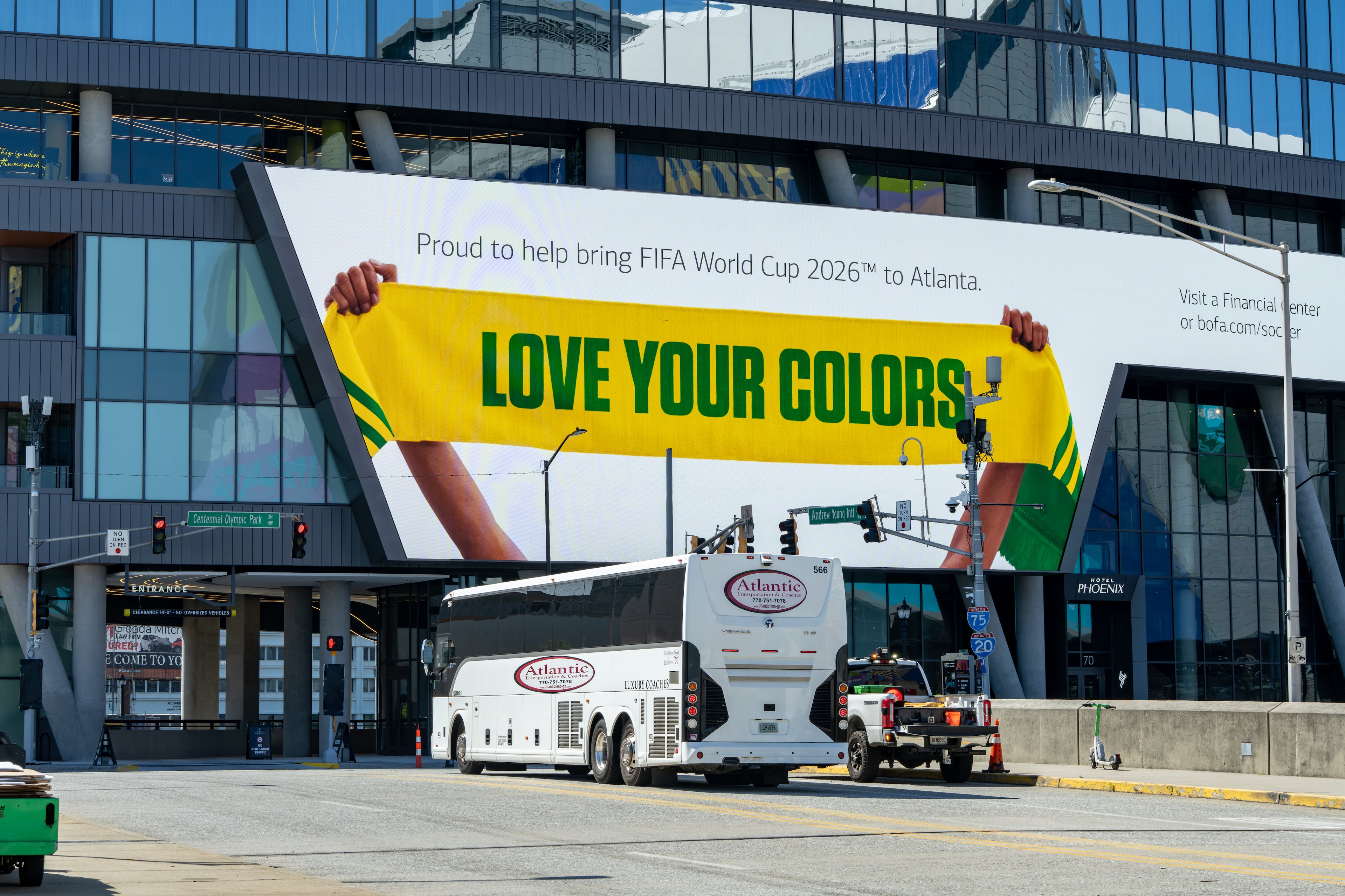 An ad is displayed on the outside of the Mitchell building on Thursday, June 4, 2026. The 11 U.S. cities hosting World Cup games are supposed to see $17 billion, FIFA contends. (Ben Hendren for the AJC)