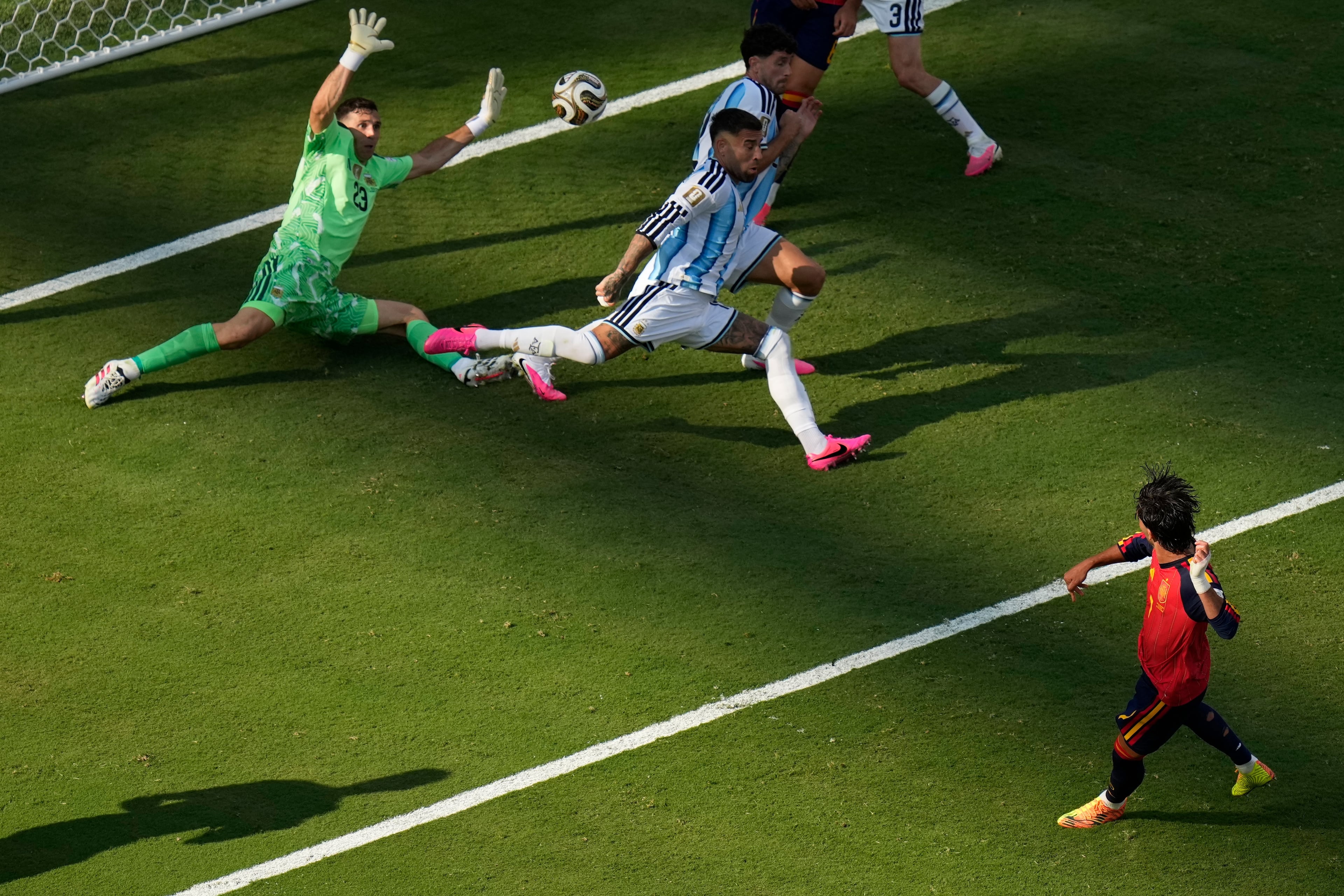 Spain's Ferran Torres scores the opening goal during the World Cup final soccer match between Spain and Argentina in East Rutherford, N.J., near New York, Sunday, July 19, 2026. (Seth Wenig/AP)