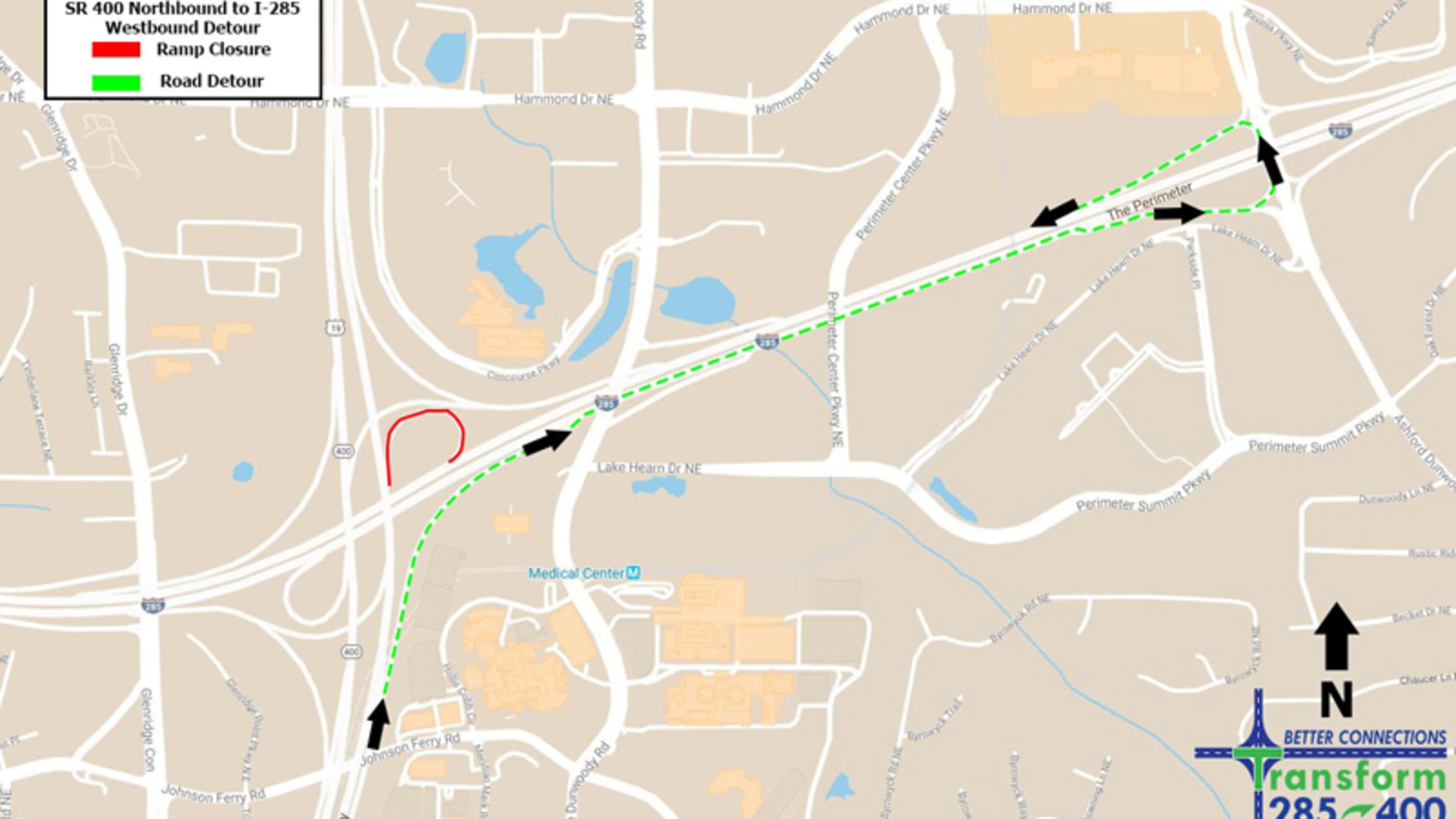 Map depicts the recommended detour when the ramp from northbound Ga. 400 to westbound I-285 is closed. GEORGIA DEPARTMENT OF TRANSPORTATION