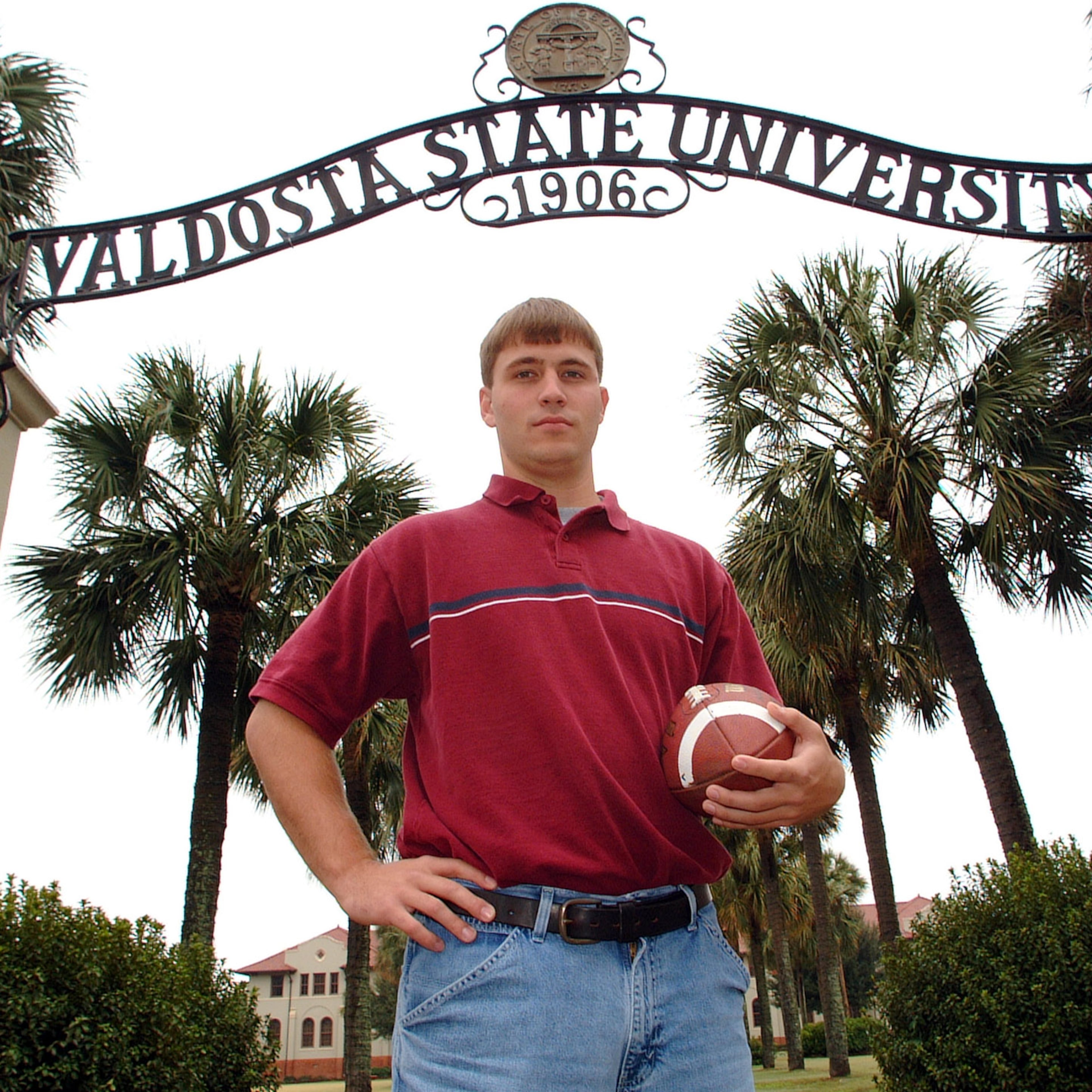 Valdosta State quarterback Buster Faulkner is pictured in the school's archway during the 2002 season. Twenty years later, he was hired as offensive coordinator at Georgia Tech. (Todd Stone/AP file photo)