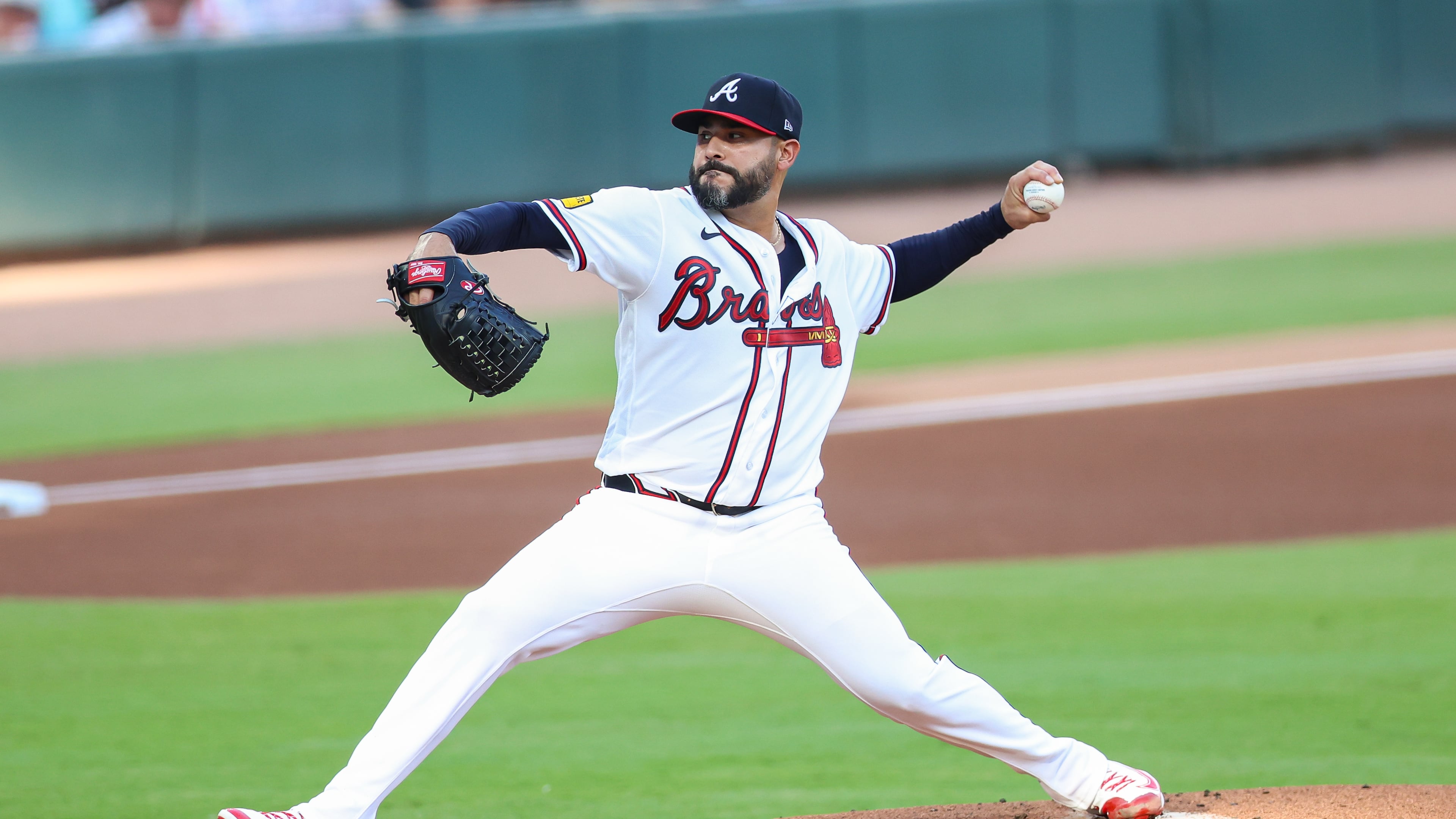 Atlanta Braves pitcher Martín Pérez delivers in the first inning of a baseball game against the San Diego Padres, Wednesday, July 22, 2026, in Atlanta. (AP Photo/Colin Hubbard)