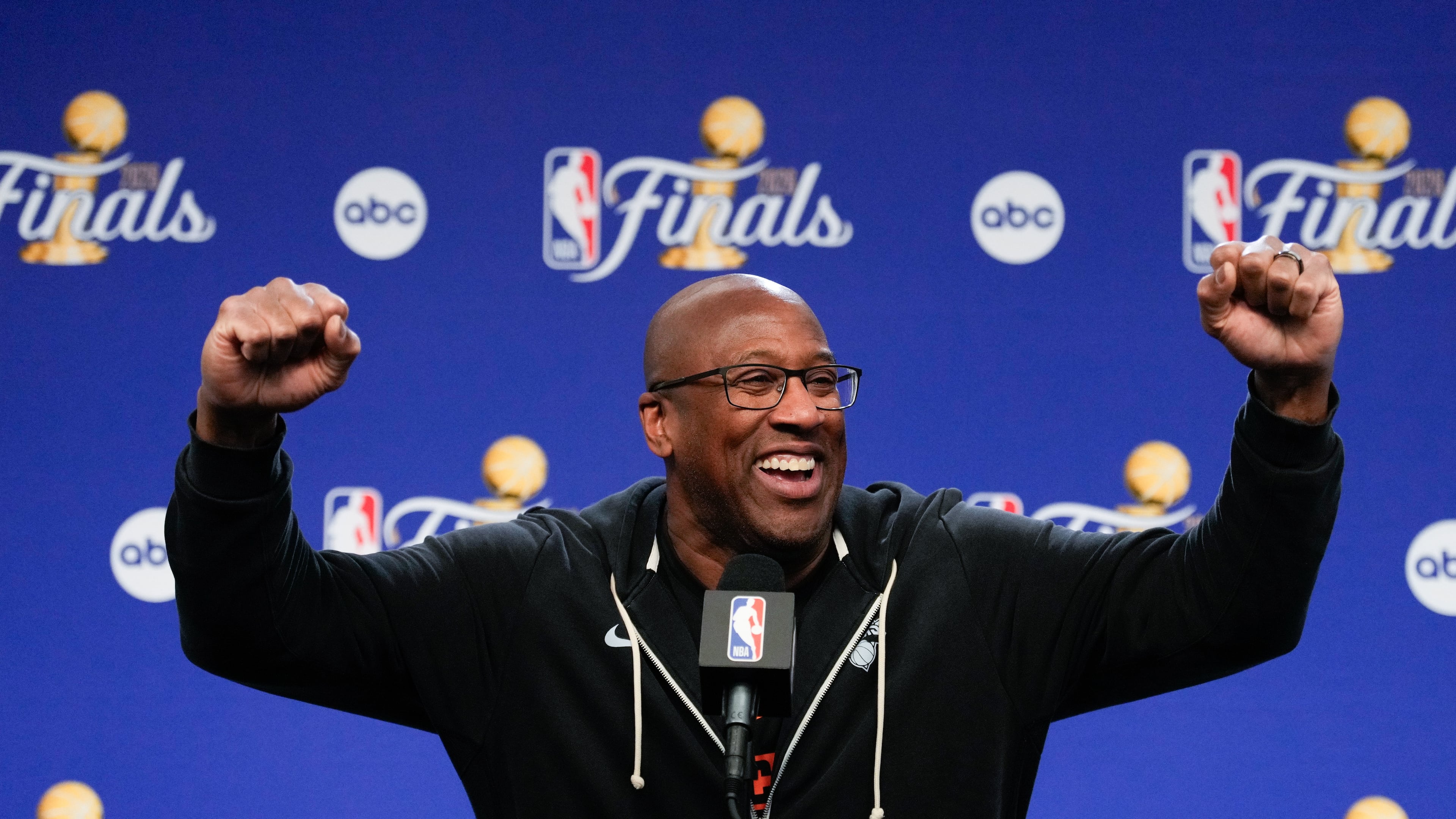 New York Knicks head coach Mike Brown speaks to the media prior to Game 3 of the NBA Finals basketball series against the San Antonio Spurs, Sunday, June 7, 2026, in New York. (AP Photo/Ross D. Franklin)