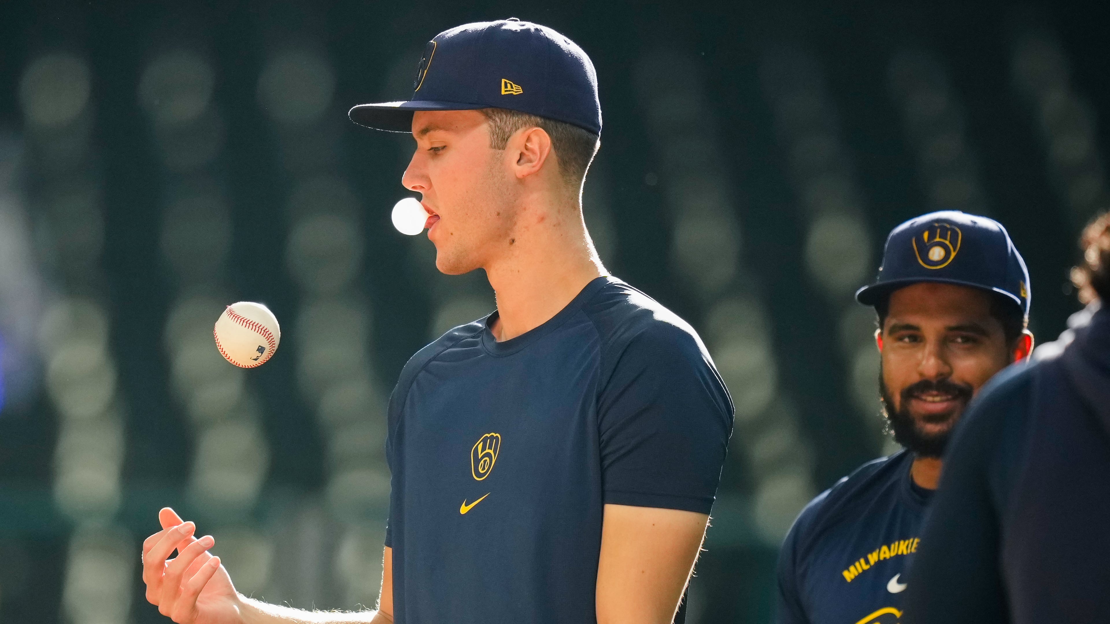 Milwaukee Brewers pitcher Jacob Misiorowski tosses a ball during a World Series baseball media day, Thursday, Oct. 22, 2026, in Milwaukee, ahead of Game 1 between the Milwaukee Brewers and the Tampa Bay Rays. (AP Photo/Ashley Landis)