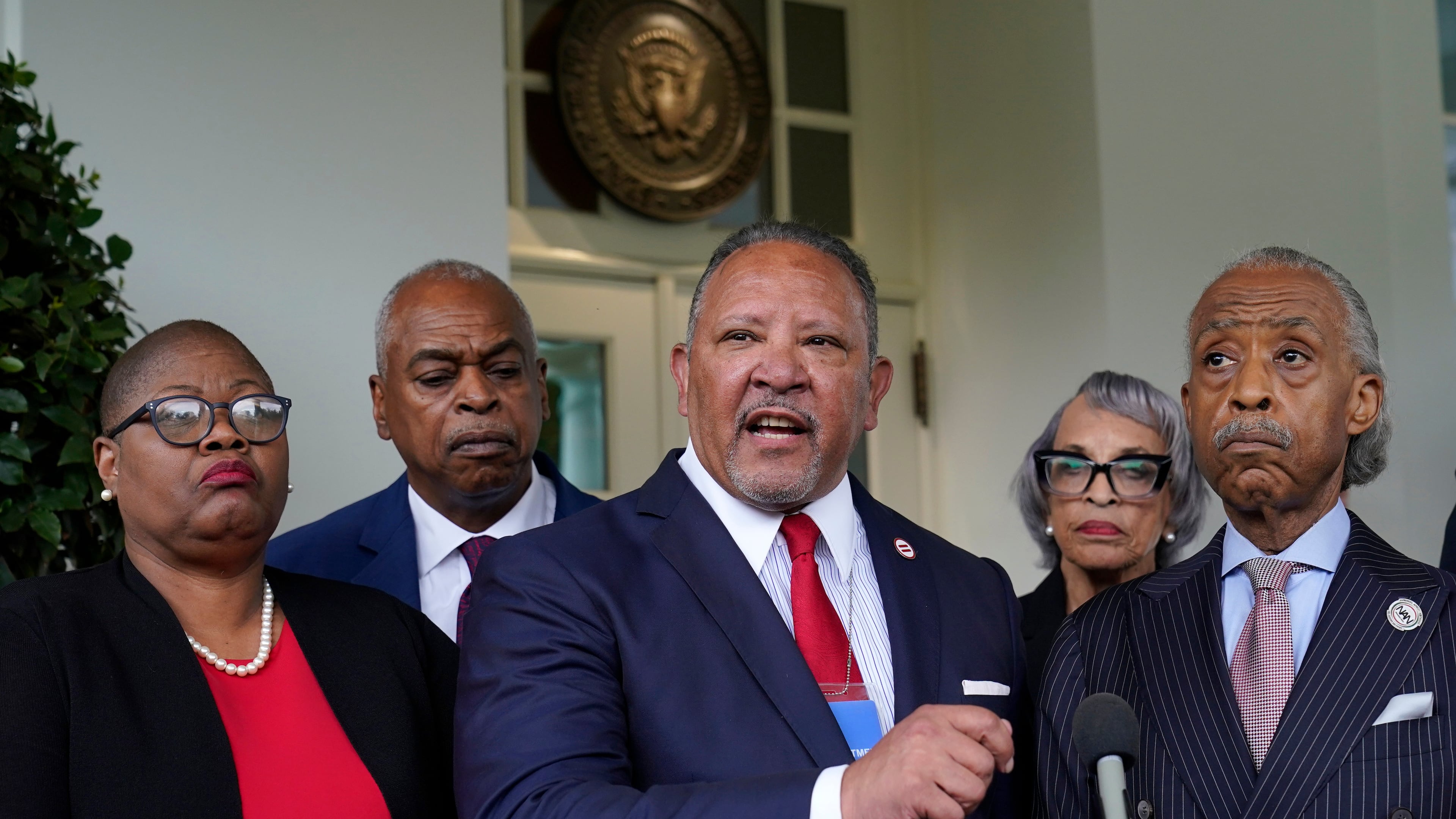 FILE - Marc Morial, center, President and Chief Executive Officer of the National Urban League, talks with reporters outside the West Wing of the White House in Washington, July 8, 2021, following a meeting with President Joe Biden and leadership of top civil rights organizations. (AP Photo/Susan Walsh, File)