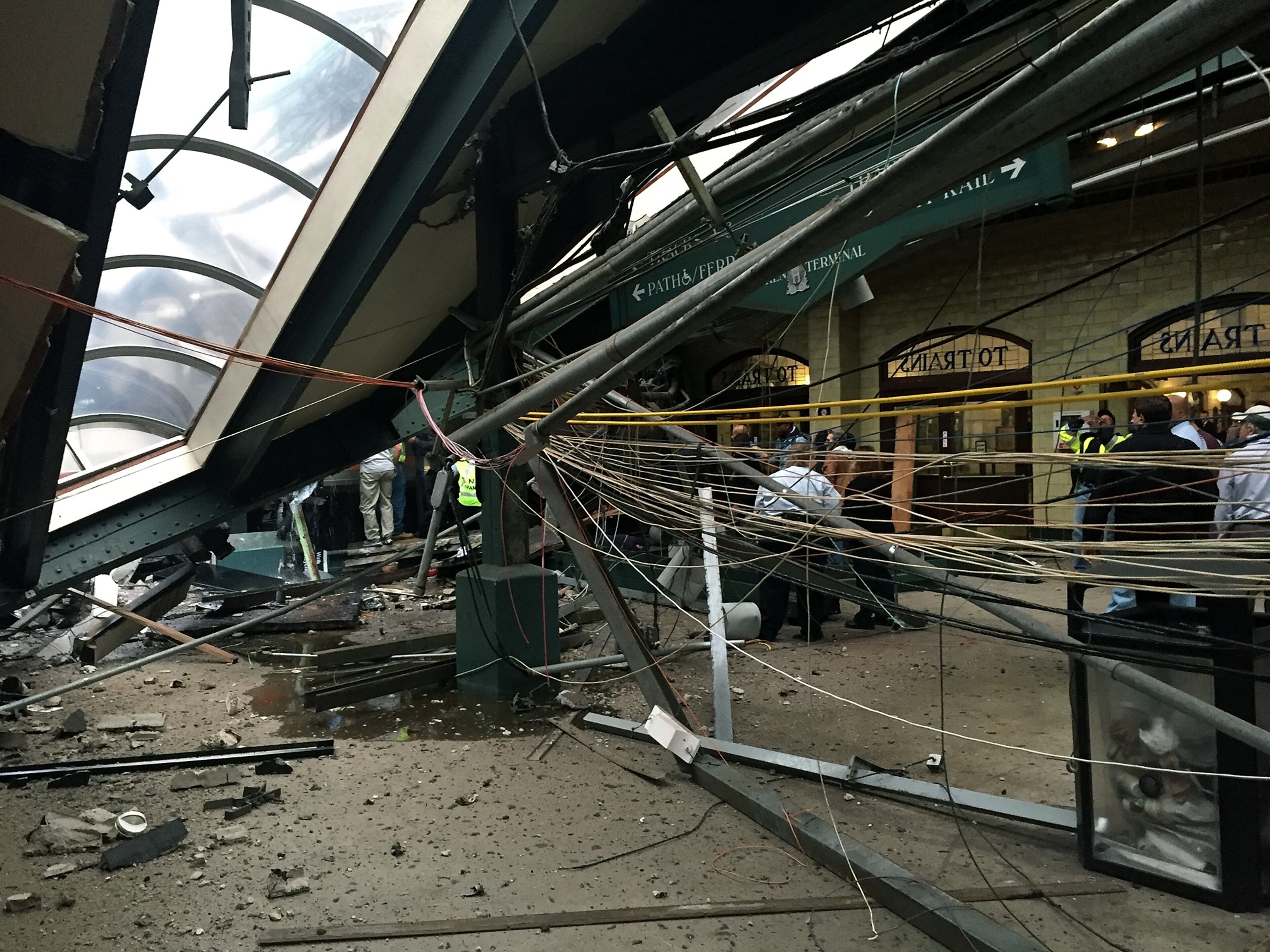 The roof collapse after a NJ Transit train crashed in to the platform at the Hoboken Terminal September 29, 2016 in Hoboken, New Jersey. New Jersey emergency's management system is reporting more than 100 people were injured in the crash.(Photo by Pancho Bernasconi/Getty Images)