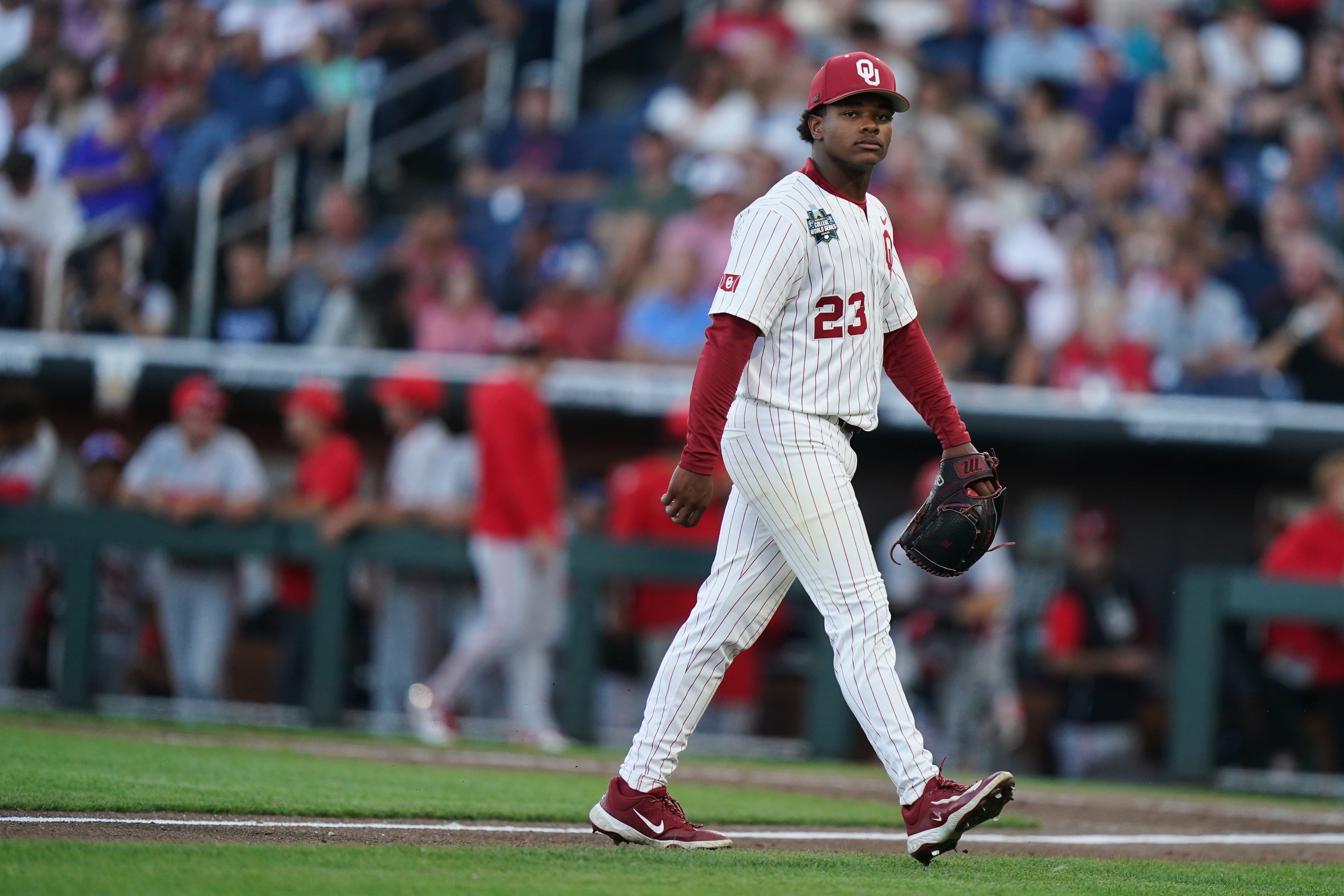 Oklahoma starting pitcher Xander Mercurius exits the game in the eighth inning during a College World Series game against Georgia on Monday, June 15, 2026, in Omaha, Neb. (Vera Nieuwenhuis/AP)