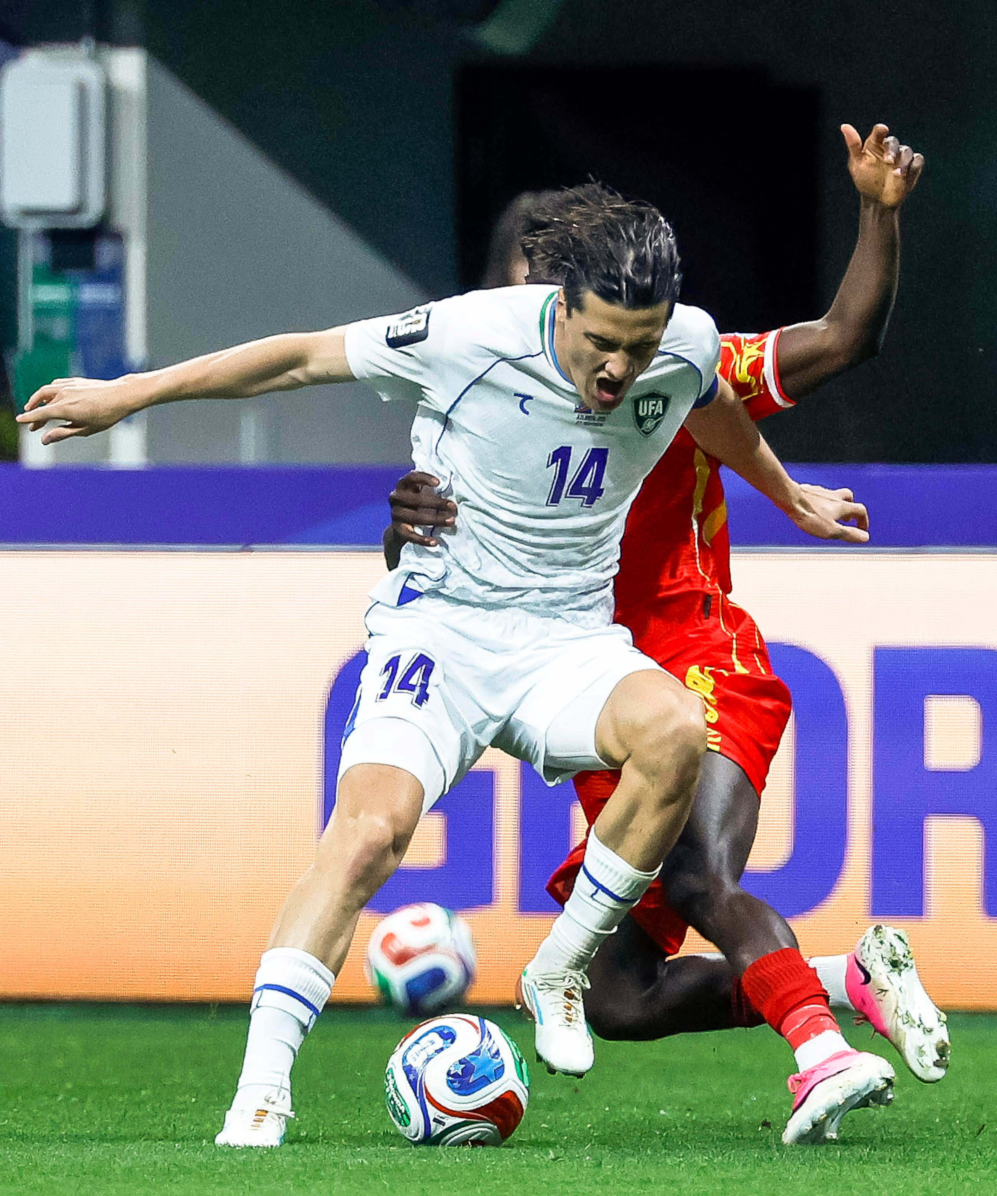 Uzbekistan forward Eldor Shomurodov controls the ball against Congo during the first half of a FIFA World Cup match at Atlanta Stadium (Mercedes-Benz Stadium) on Saturday, June 27, 2026, in Atlanta. (Miguel Martinez/AJC)