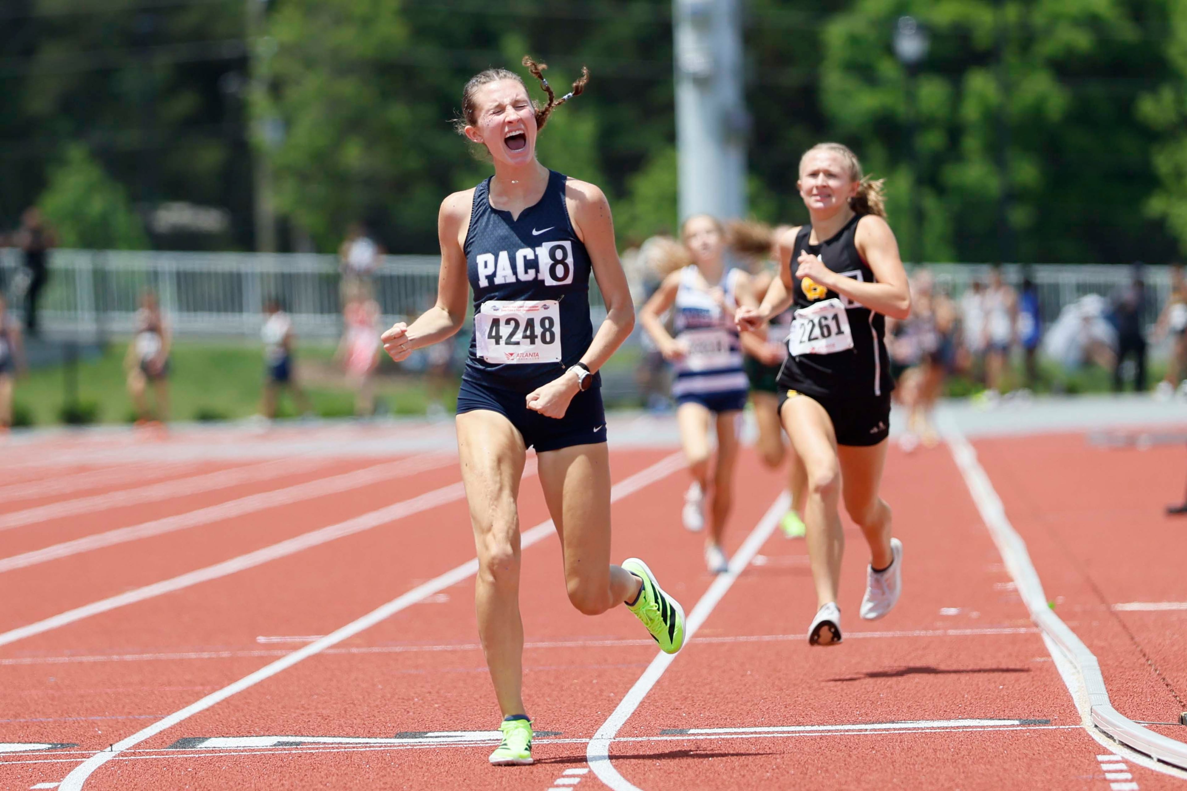 Pace Academy's Harriet Blaha reacts after winning the Girls 1600 meter run AAAA at the GHSA track and field state championships held at UGA's Spec Towns Track on Monday, May 11, 2026, in Athens. (Miguel Martinez/AJC)