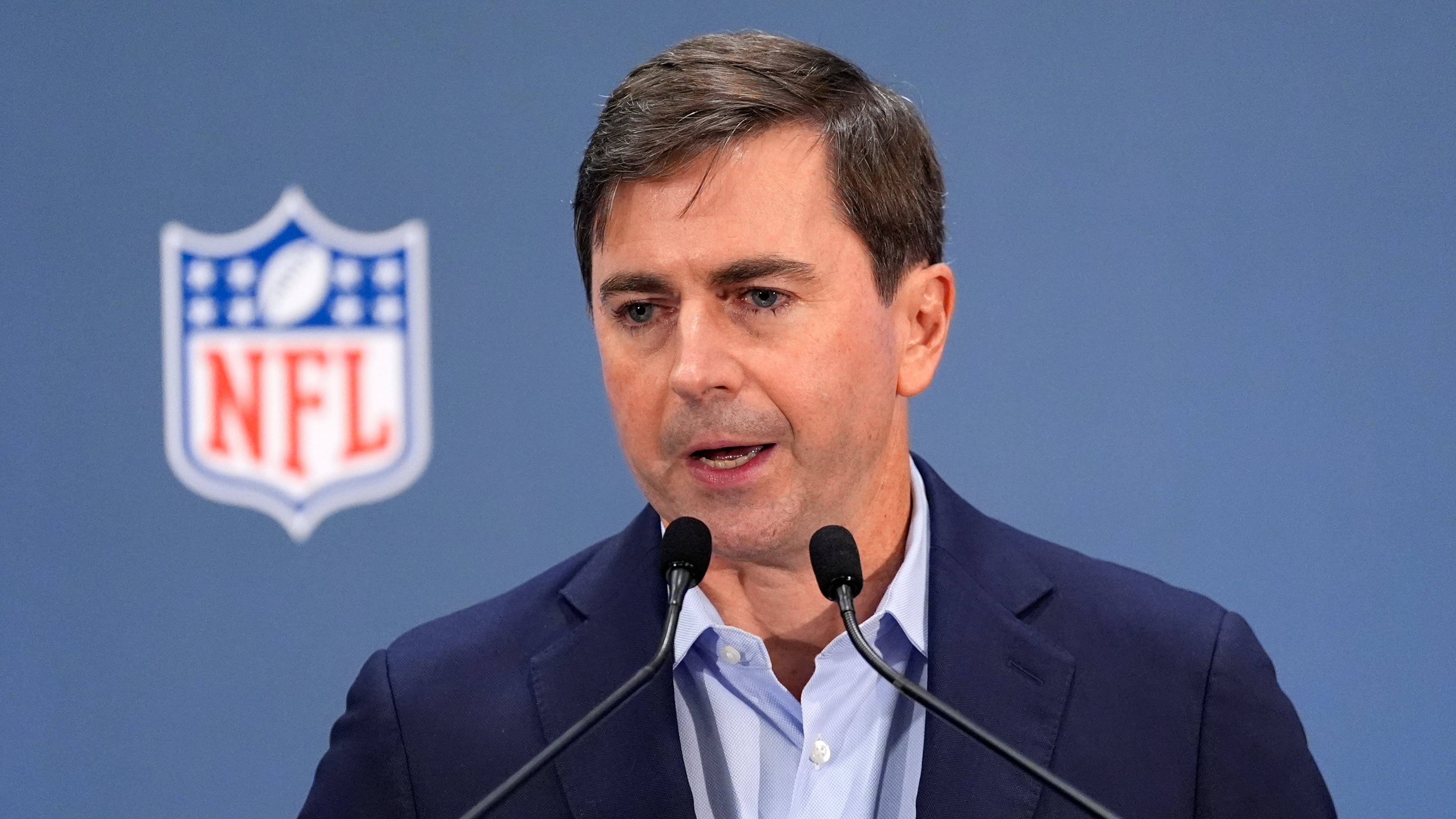 NFL's Peter O'Reilly speaks during a news conference at the NFL owners' meetings Tuesday, Oct. 20, 2026, in New York. (AP Photo/Yuki Iwamura)