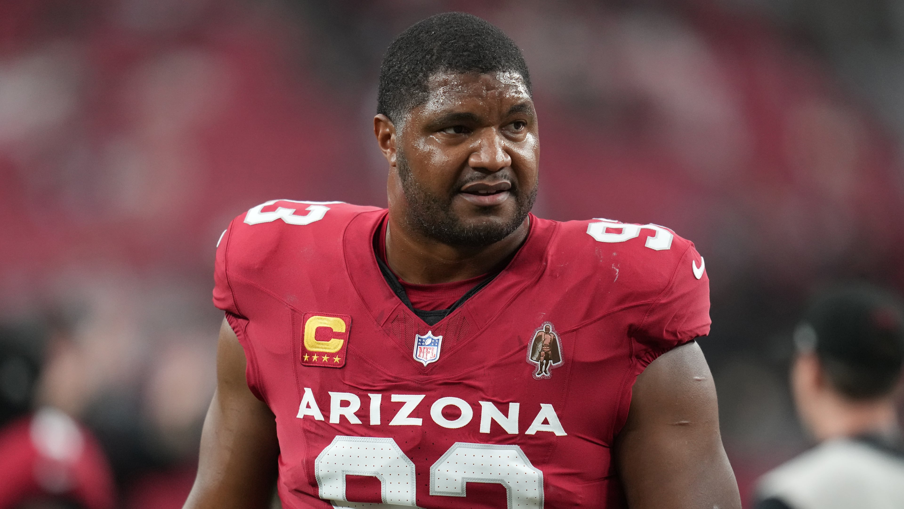 FILE - Arizona Cardinals defensive tackle Calais Campbell (93) during an NFL football game against the Jacksonville Jaguars on Nov. 23, 2025, in Glendale. (AP Photo/Rick Scuteri, File)