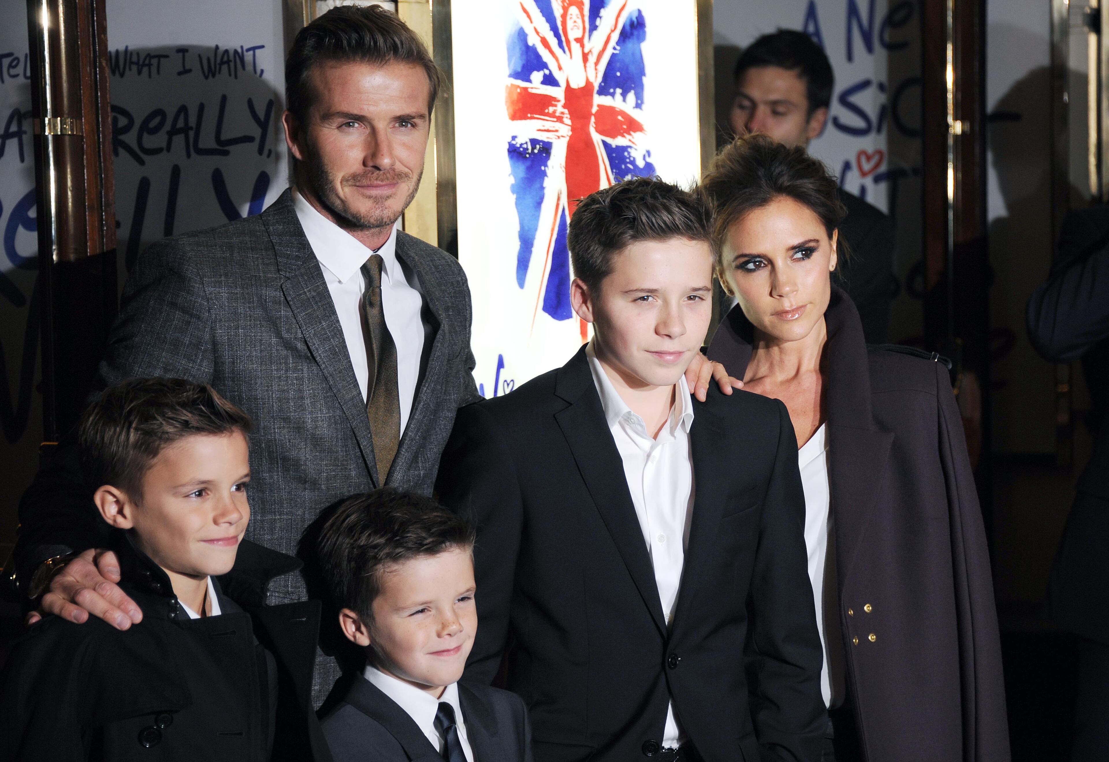 Romeo Beckham, David Beckham, Cruz Beckham, Brooklyn Beckham and Victoria Beckham attend the press night of 'Viva Forever', a musical based on the music of The Spice Girls at Piccadilly Theatre on December 11, 2012 in London, England.