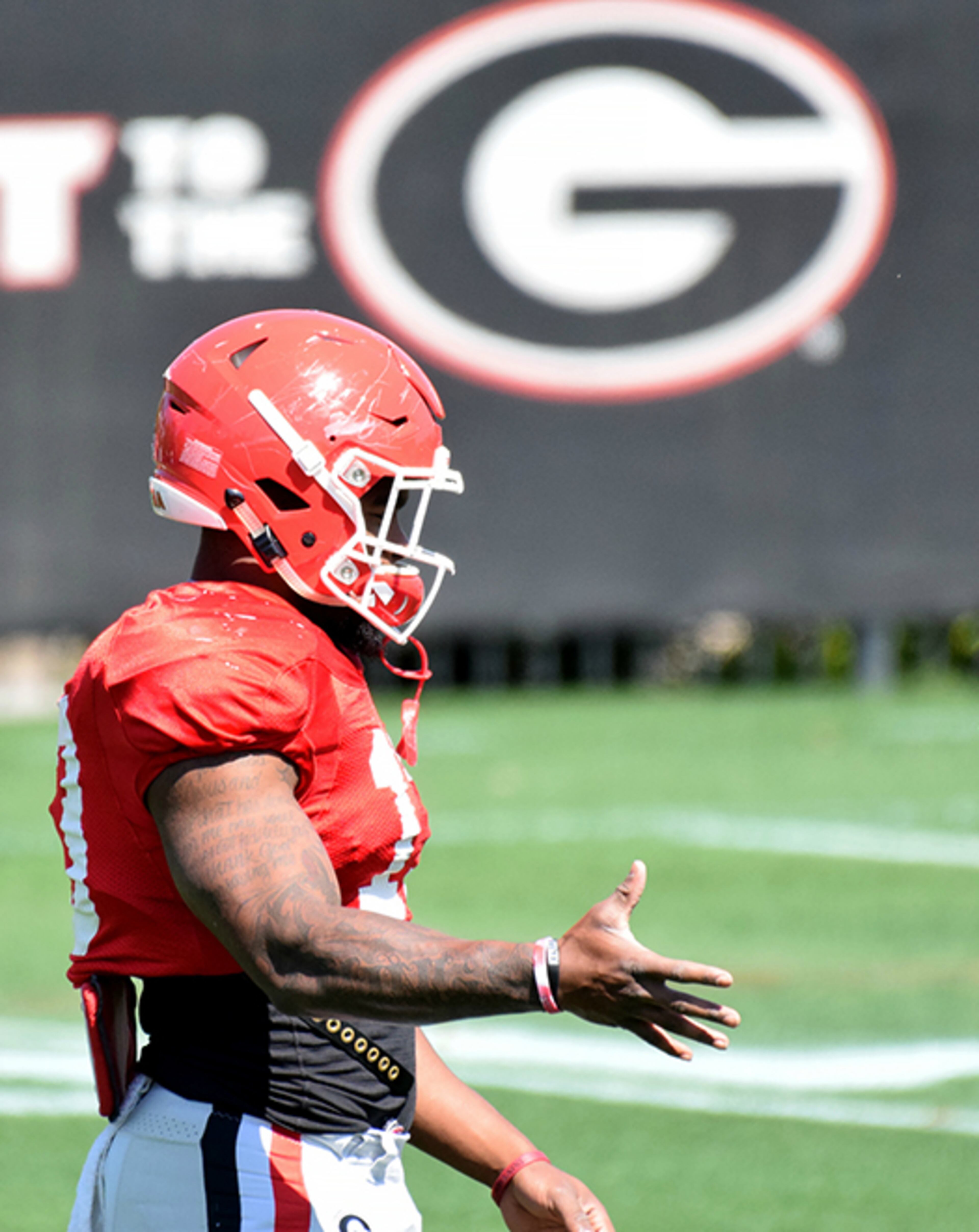 Georgia tailback Elijah Holyfield (13) during the Bulldogs' practice Tuesday, April 17, 2018, on the Woodruff Practice Fields in Athens.