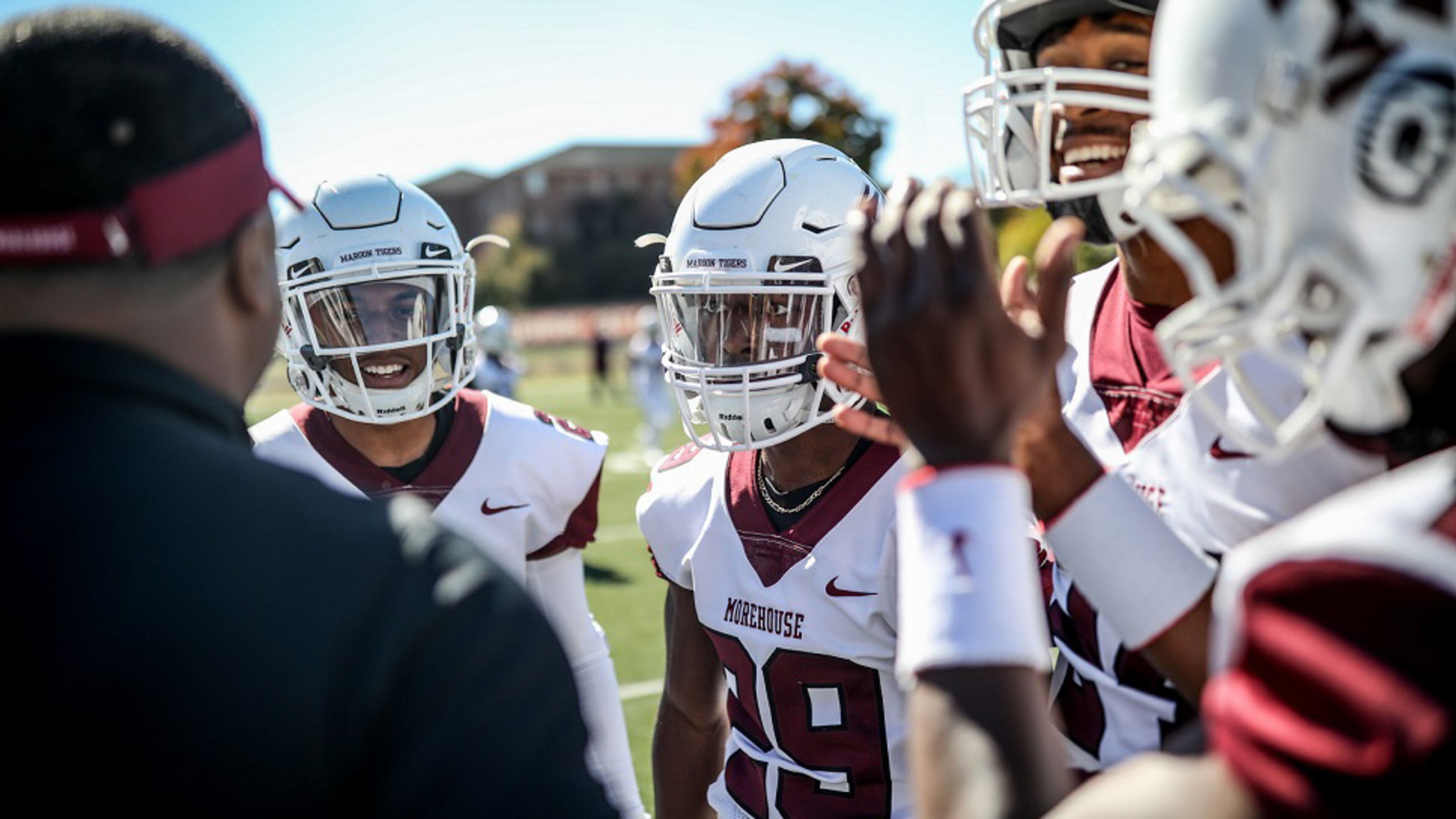 Morehouse Maroon Tigers players gather before a game against the Clark Atlanta Panthers, Saturday, Nov. 3, 2018, in Atlanta. BRANDEN CAMP/SPECIAL