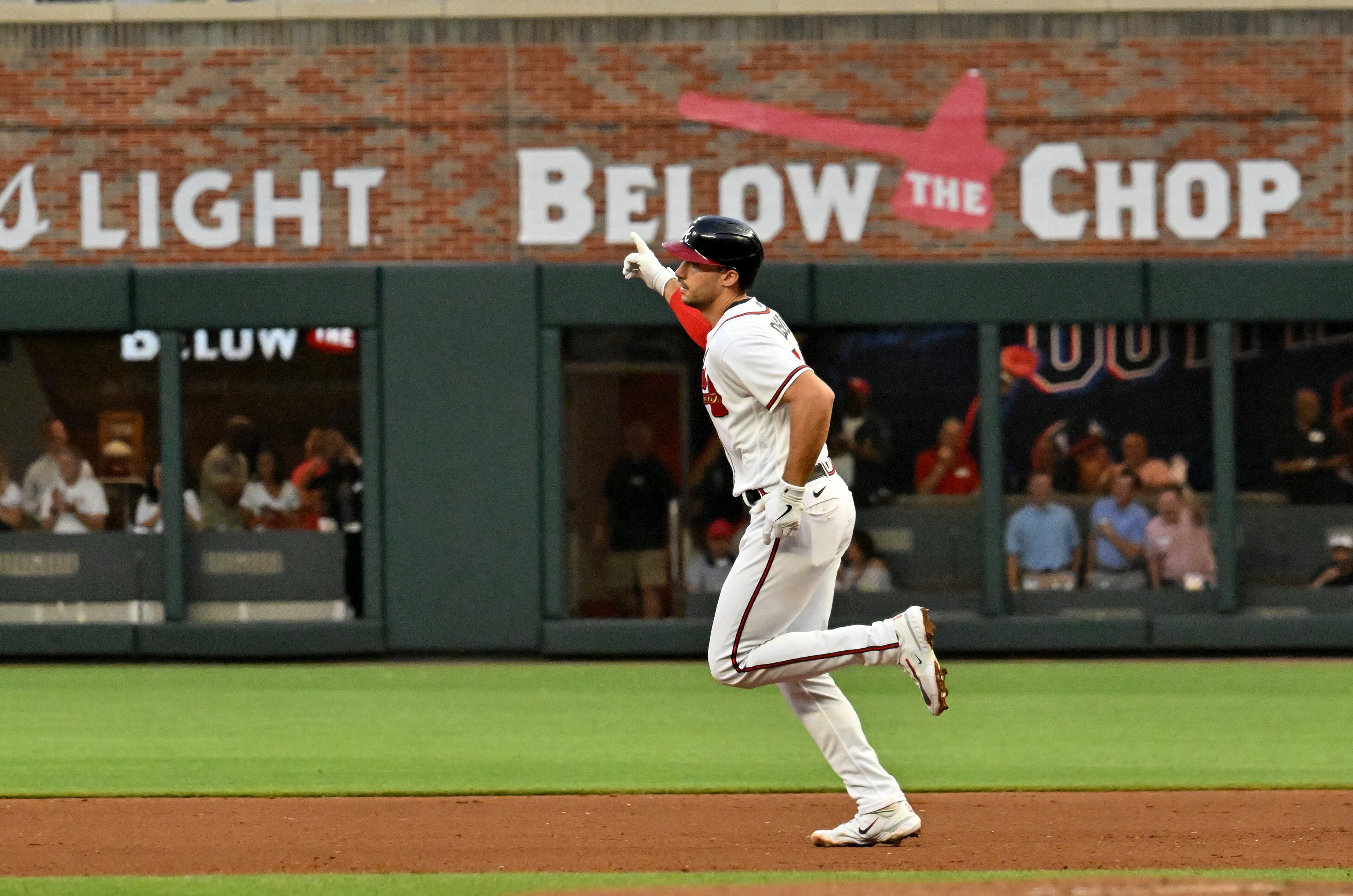 Atlanta Braves' first baseman Matt Olson (28) circles the bases on a solo home run against the Los Angeles Dodgers during the fourth inning at Truist Park, Wednesday, May 24, 2023, in Atlanta. Atlanta Braves won 4-3 over Los Angeles Dodgers. (Hyosub Shin / Hyosub.Shin@ajc.com)