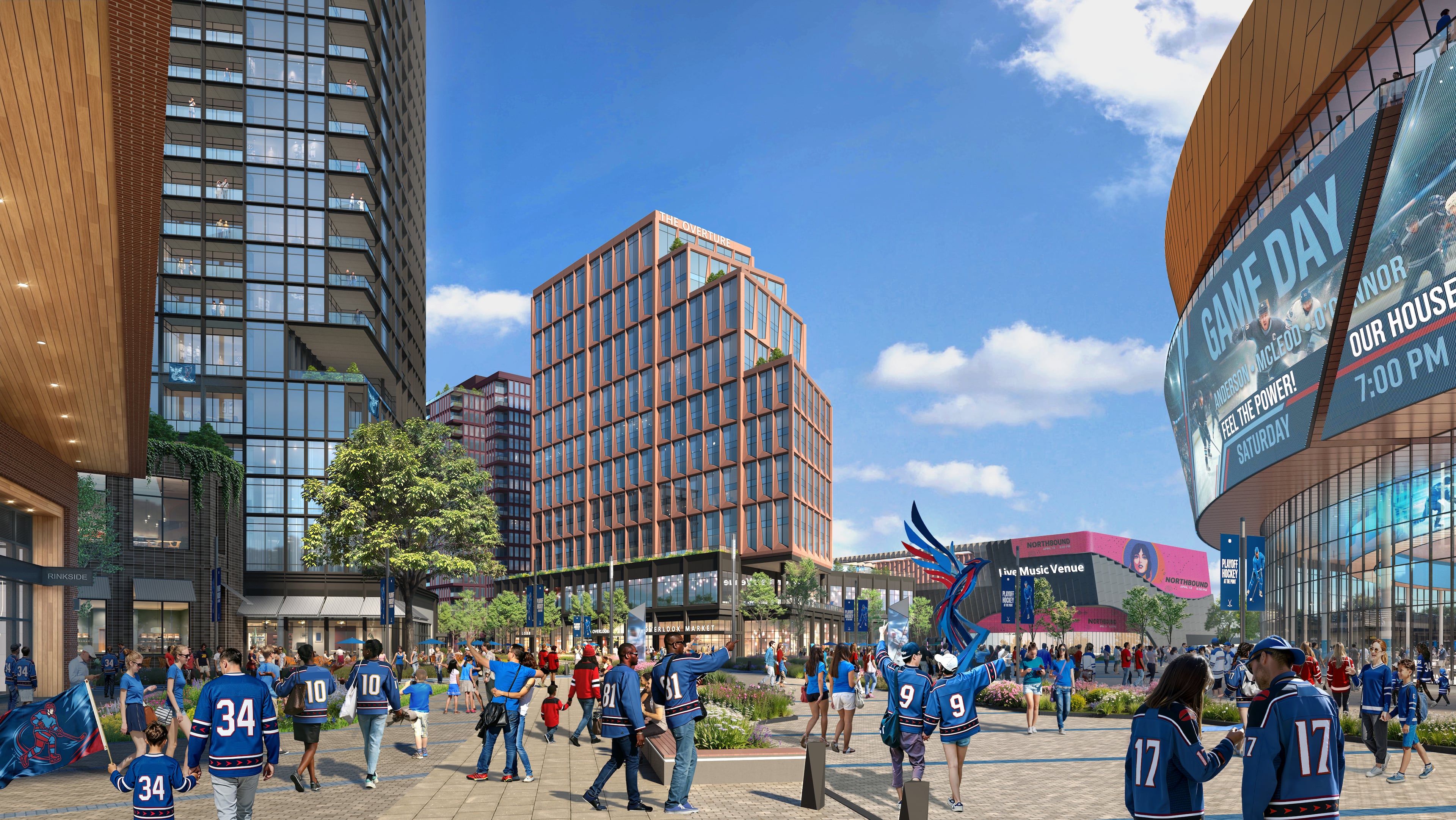 This is a rendering of a planned redevelopment of North Point Mall in Alpharetta by Jamestown Properties and New York Life. It is centered around a 20,000-seat arena large enough to support a NHL franchise if one was announced for the Atlanta area. (Courtesy of Jamestown Properties)