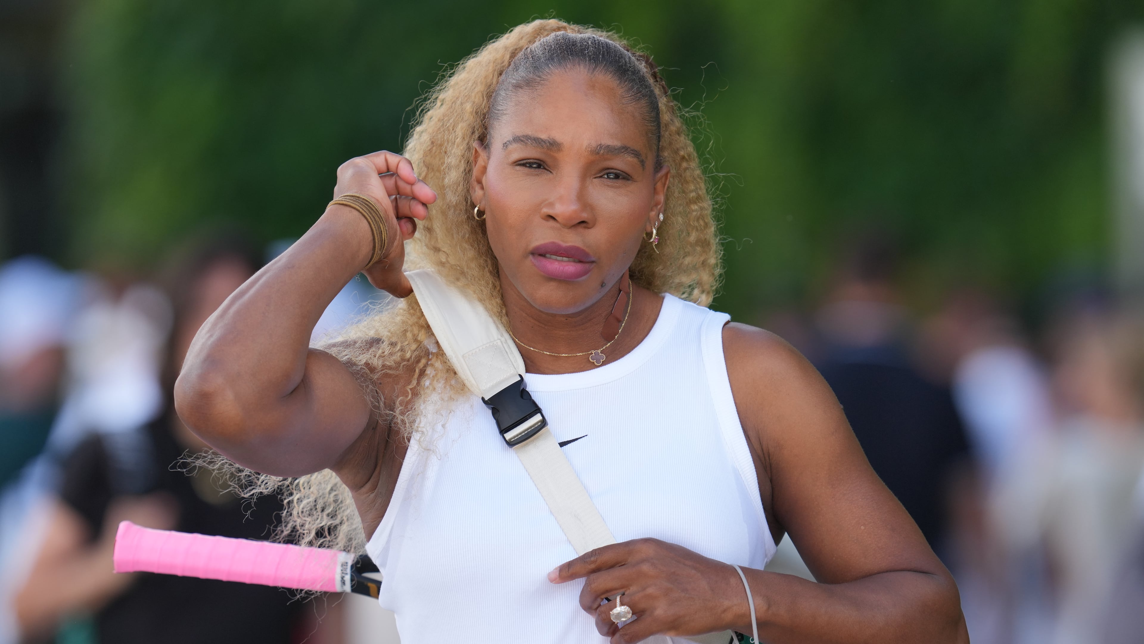 Serena Williams of the United States arrives to practice one day ahead of the start of the Wimbledon Tennis Championships in London, Sunday, June 28, 2026. (AP Photo/Kin Cheung)