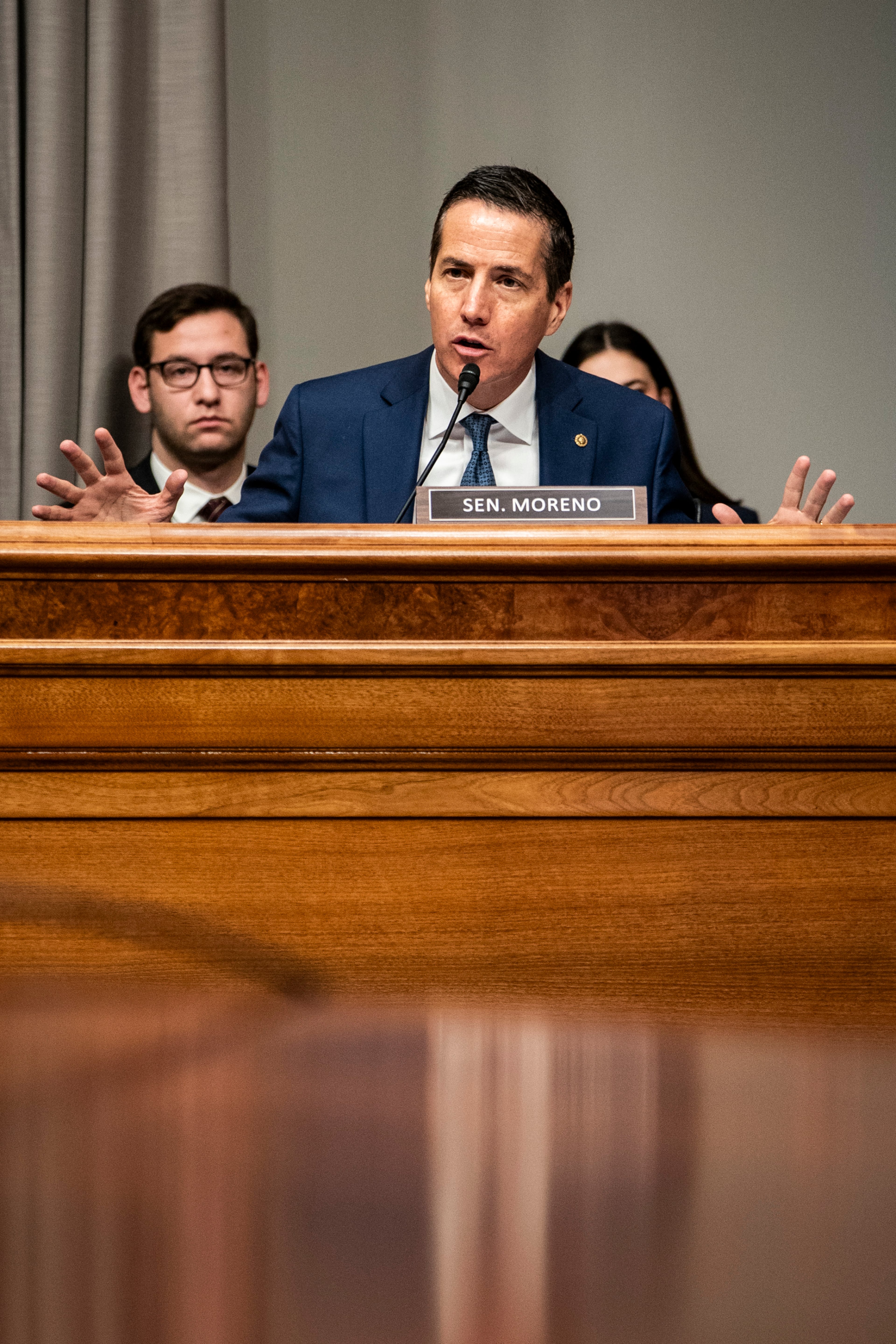 Sen. Bernie Moreno (R-Ohio), a crypto entrepreneur, speaks during a hearing on Capitol Hill in Washington, April 3, 2025. Moreno is one of seven Hispanic senators in Congress. (Haiyun Jiang/The New York Times)