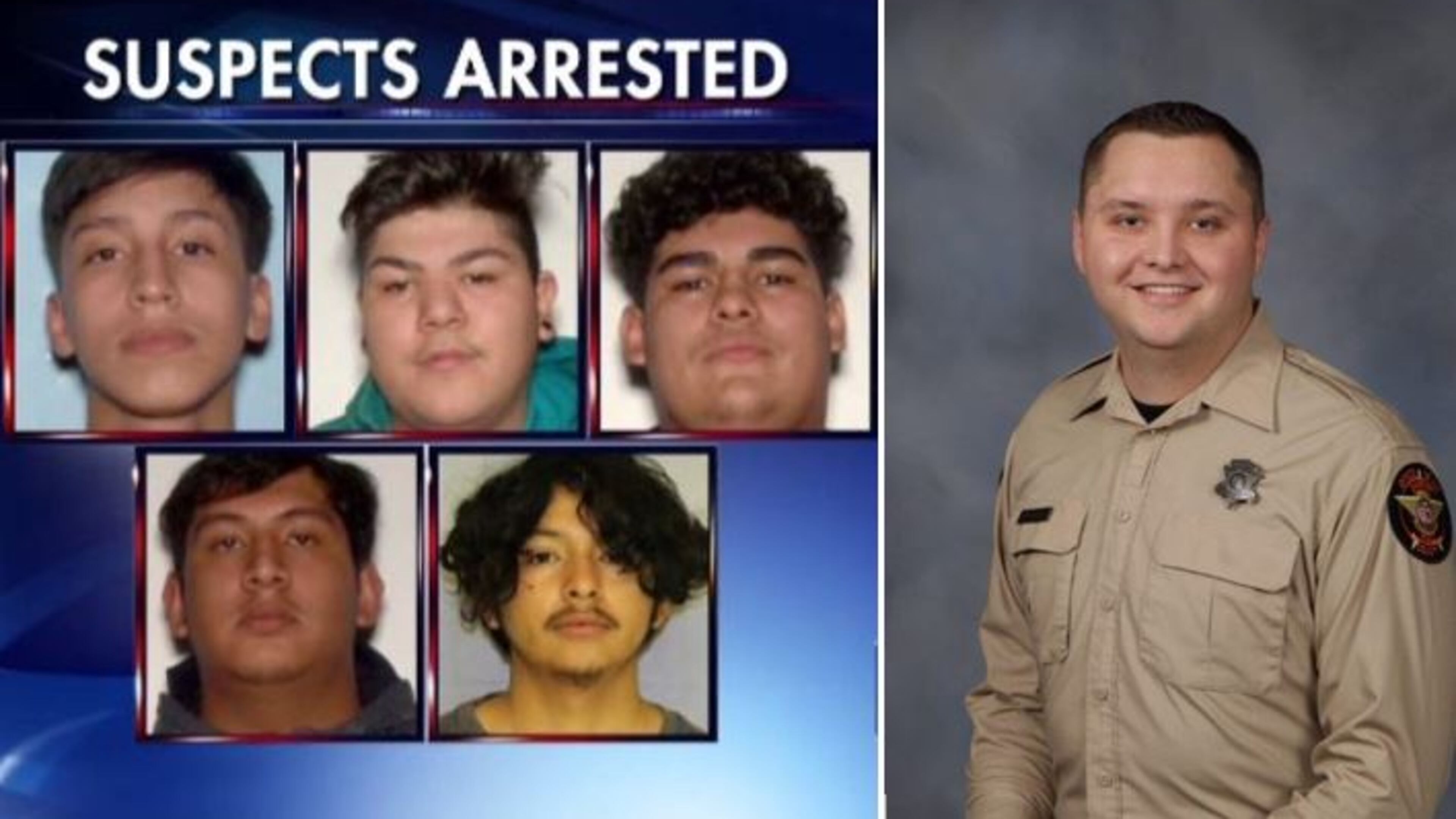 Five more suspects, Adrian Gonzalez-Verduzco (top left), Jiovanny Castillo (top middle), Rodolfo Rodriguez-Puentes (top right), Anthony Macias (bottom left), and Jorge Rodriguez (bottom right), have been charged in connection with the shooting of Hall County Deputy Nicolas Blane Dixon (far right).