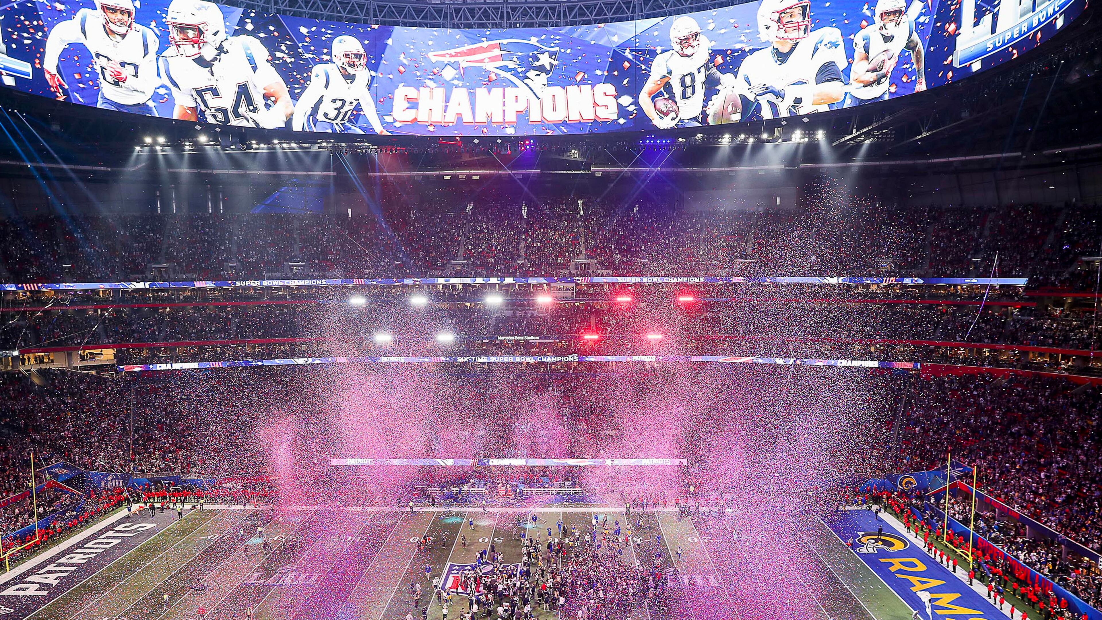 Confetti falls along the field at Mercedes-Benz Stadium after the the New England Patriots defeated the Los Angeles Rams, 13-3, in Super Bowl LIII on Sunday, Feb. 3, 2019. (ALYSSA POINTER/ALYSSA.POINTER@AJC.COM)