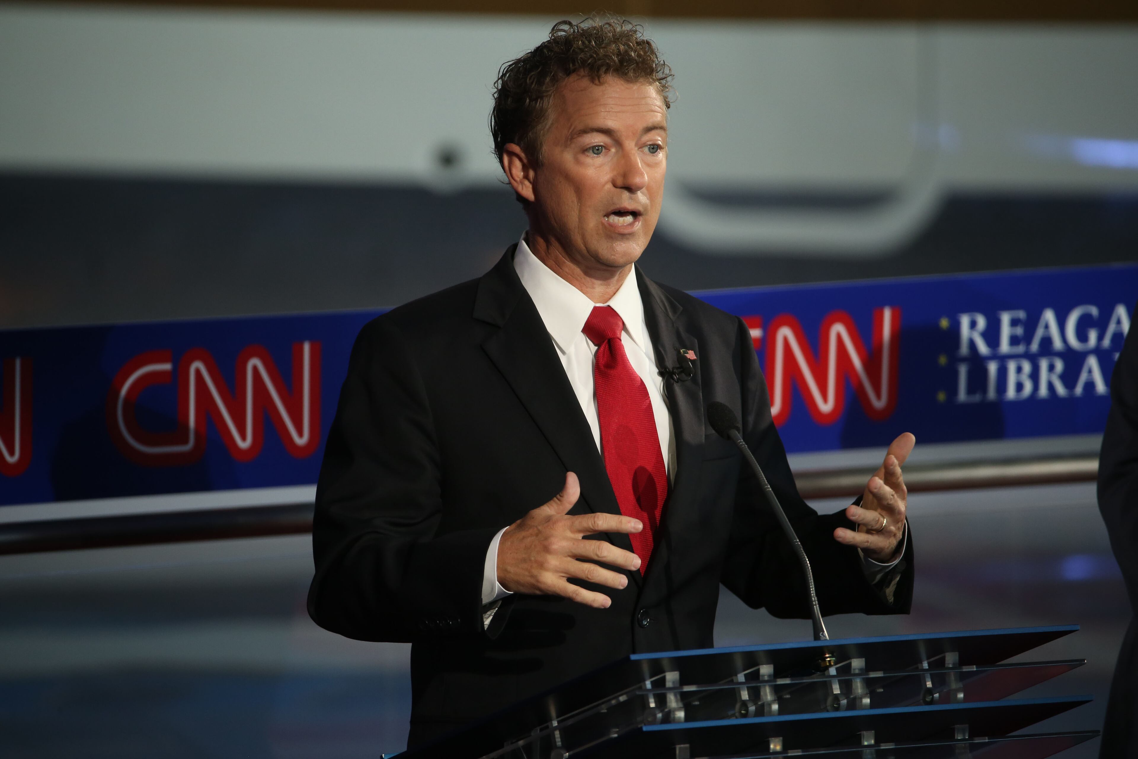 Republican presidential candidate Rand Paul take part in the presidential debates at the Reagan Library on September 16, 2015 in Simi Valley, California. Fifteen Republican presidential candidates are participating in the second set of Republican presidential debates. (Photo by Justin Sullivan/Getty Images)