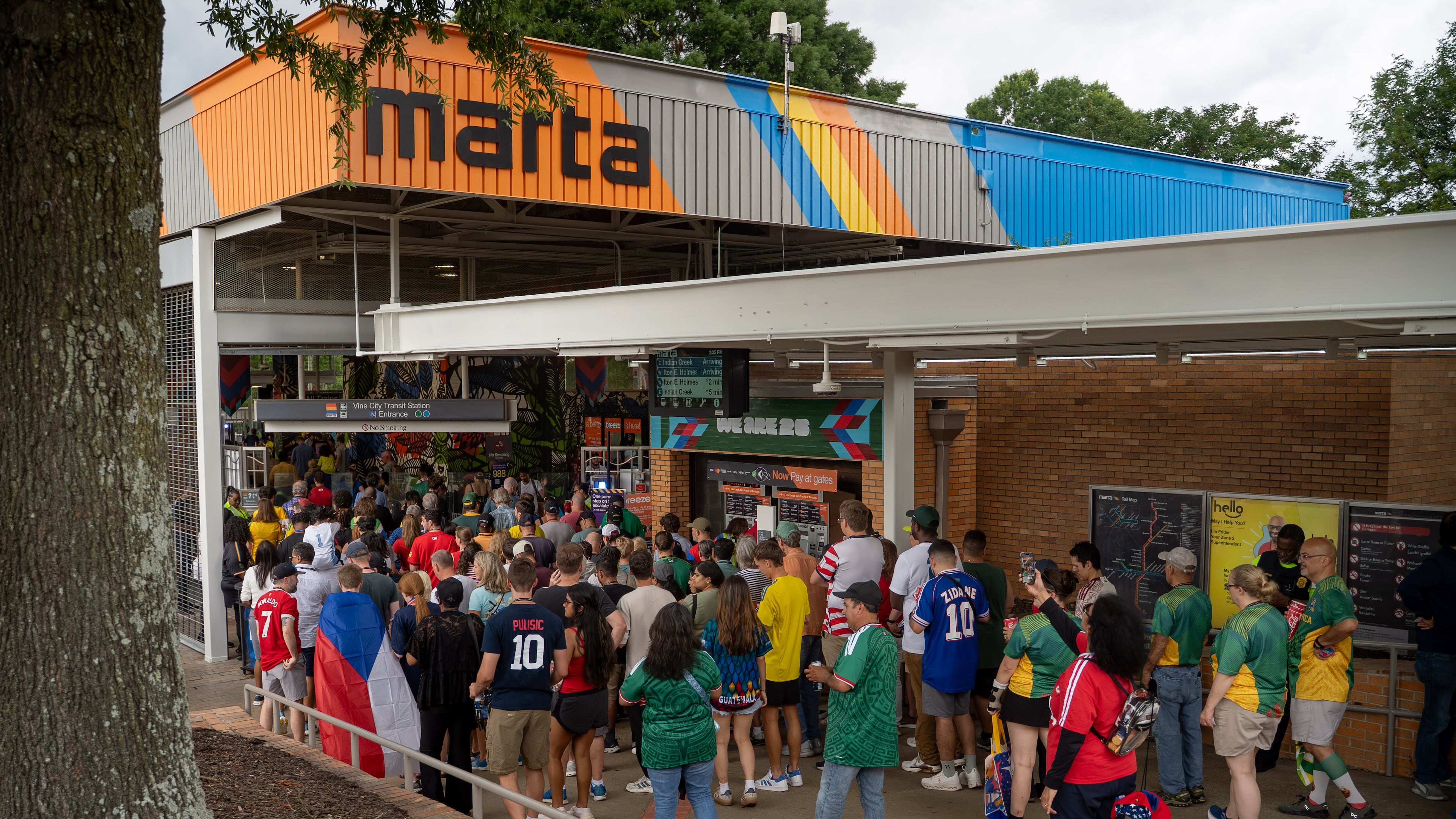 Fans wait in line to enter the Vine City MARTA station after a World Cup match on Thursday, June 18, 2026, in Atlanta. (Ben Hendren for the AJC)