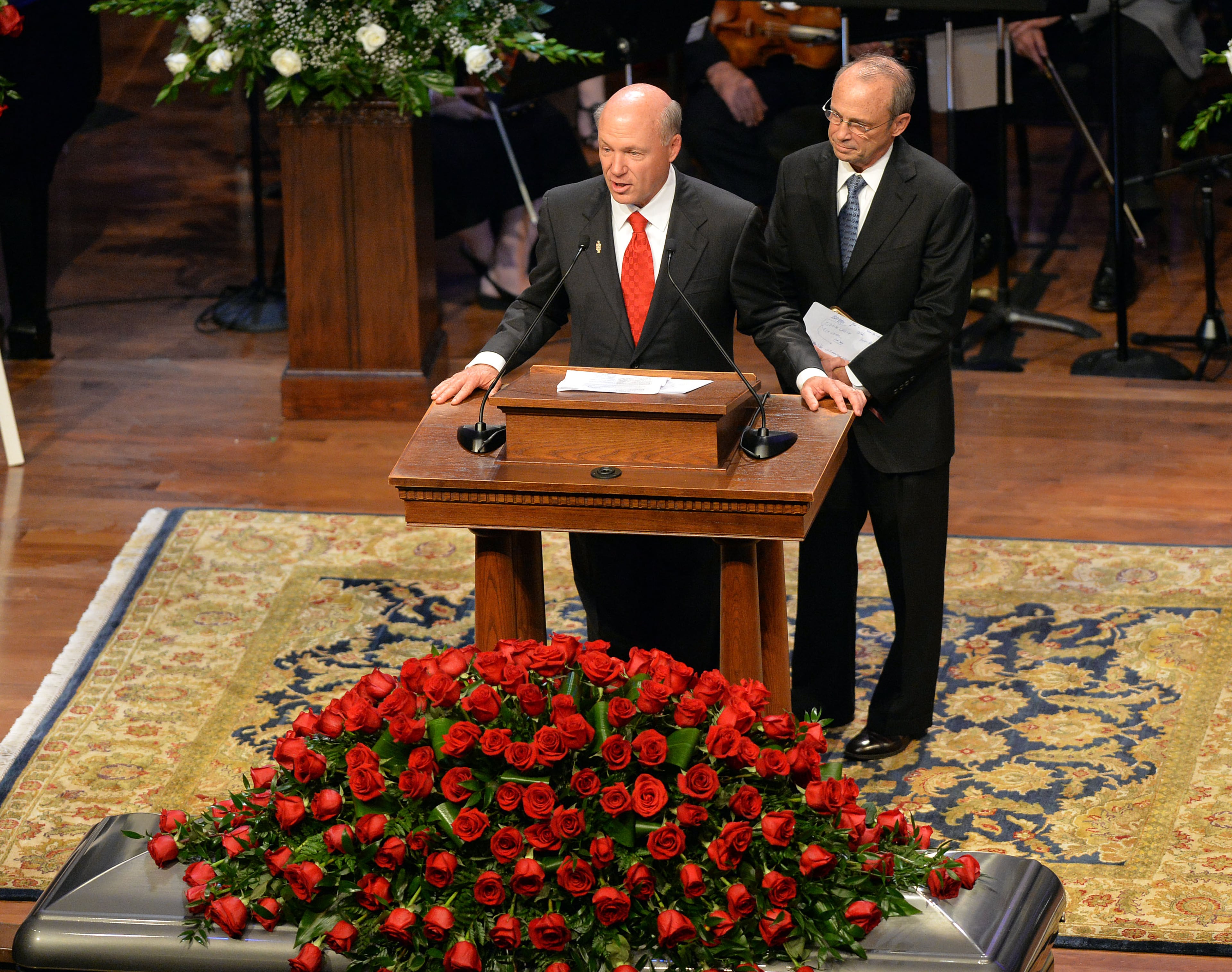Dan Cathy (left) and his brother, Donald "Bubba" Cathy, give family reflections during the funeral service for their father, Chick-fil-A founder S. Truett Cathy, at the First Baptist Church, Jonesboro, GA, Wednesday September 10, 2014.