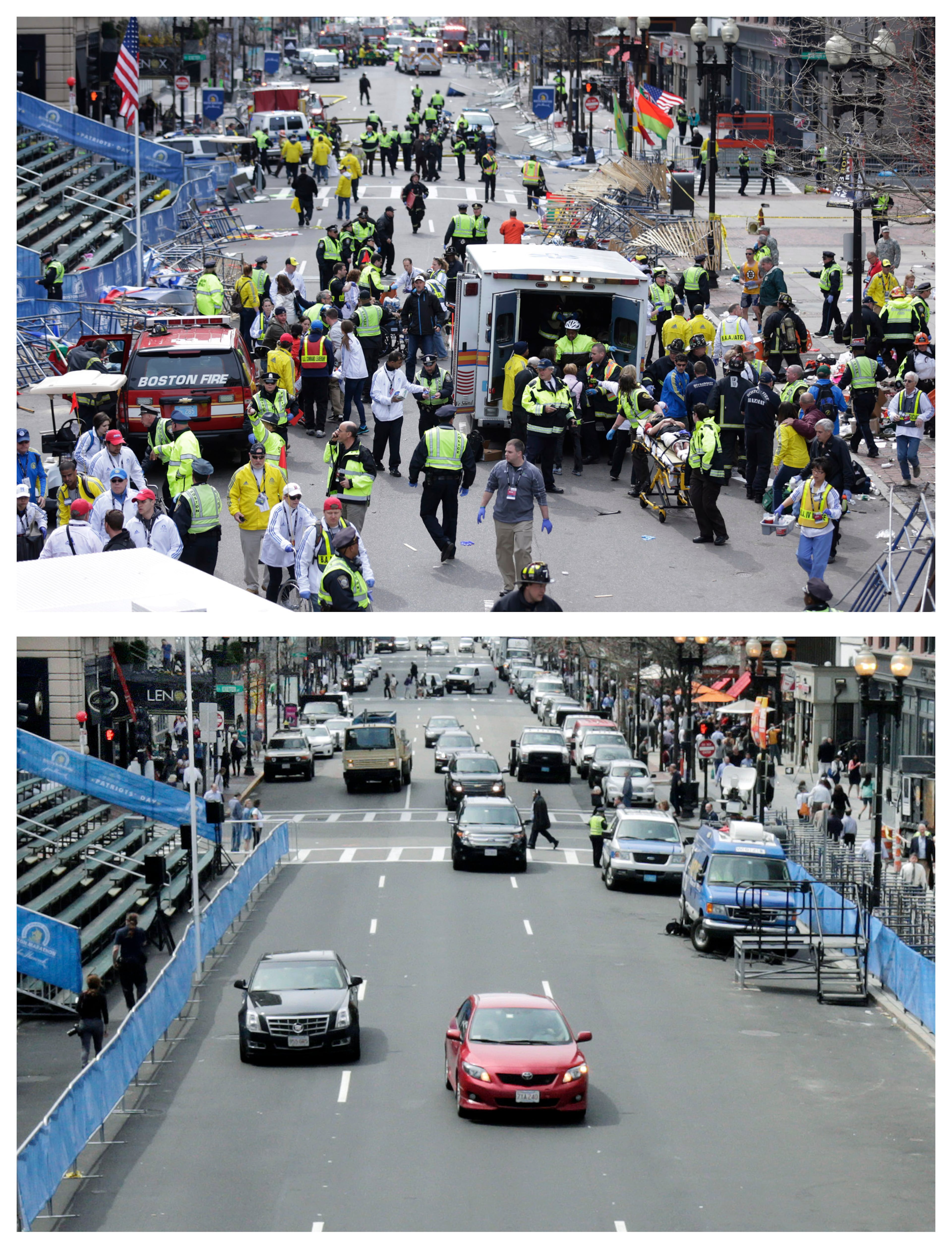 This combination of April 15, 2013 and April 14, 2014 photos shows medical workers aiding injured people on Boylston Street near the finish line of the 2013 Boston Marathon following two bomb explosions, and nearly a year later traffic flowing on the same street as preparations are being made for the 2014 Boston Marathon in Boston. (AP Photo/Charles Krupa, File)