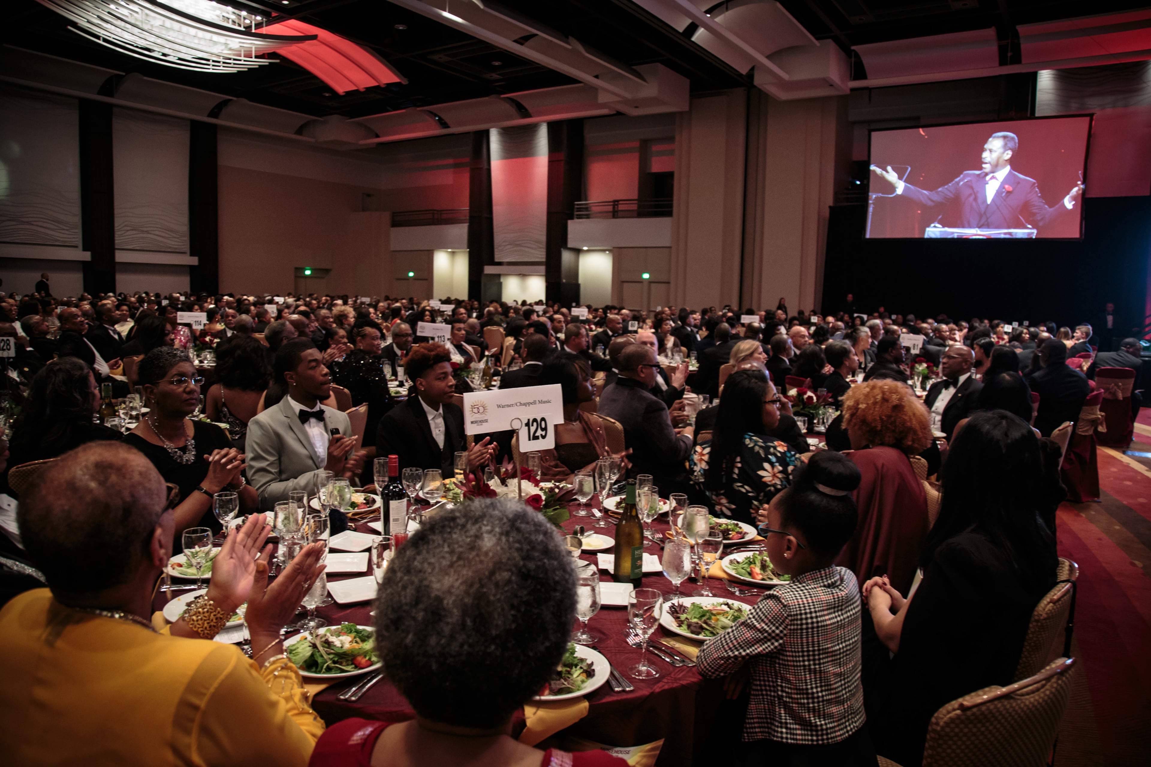 A large crowd listens to Morehouse President John Wilson talk at the Candle In The Dark Gala, celebrating the 150th anniversary of Morehouse College in Atlanta Ga February 18, 2017. STEVE SCHAEFER / SPECIAL TO THE AJC