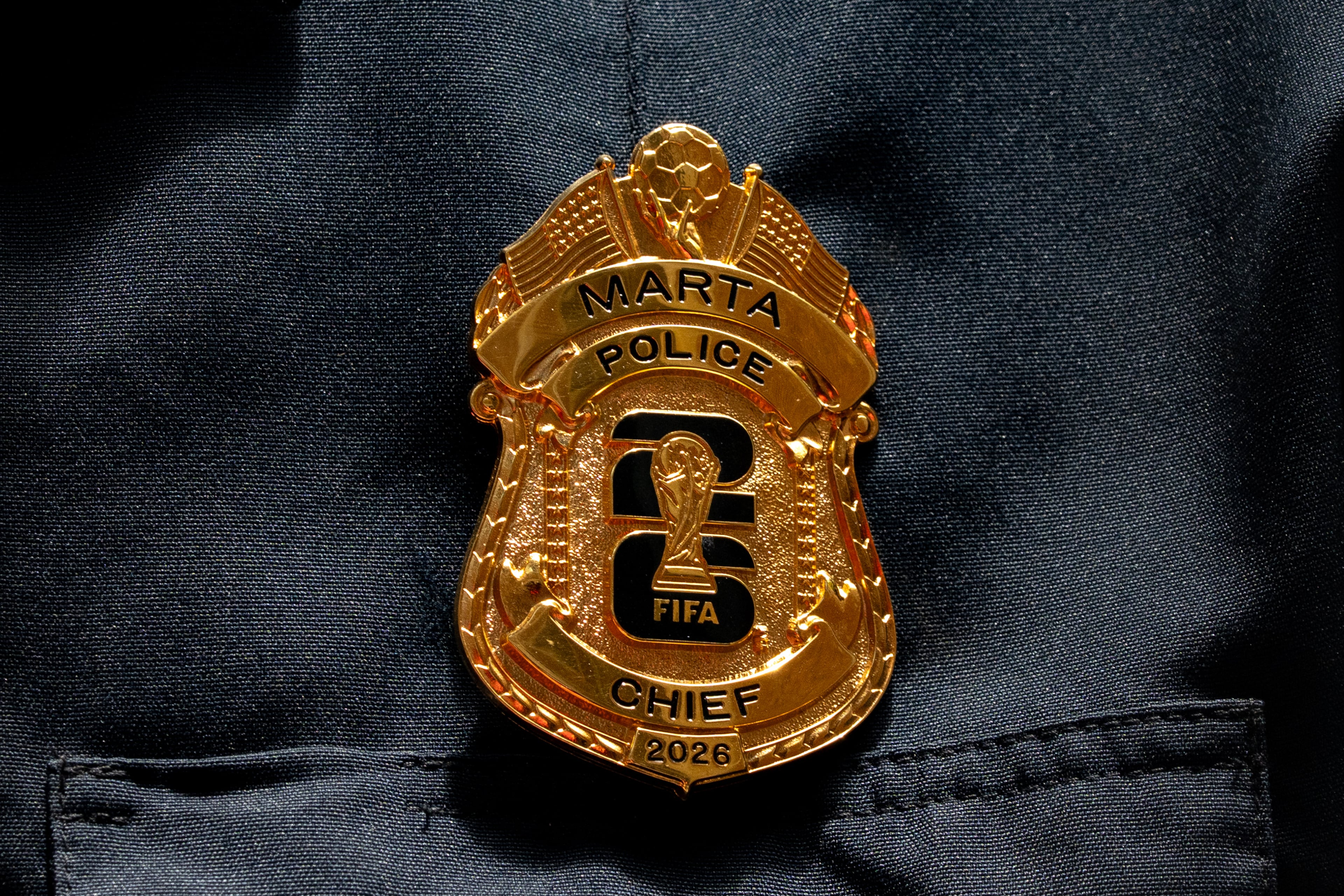 MARTA Police Chief Scott Kreher's FIFA World Cup badge on Saturday, June 6, 2026. (Ben Hendren for the AJC)