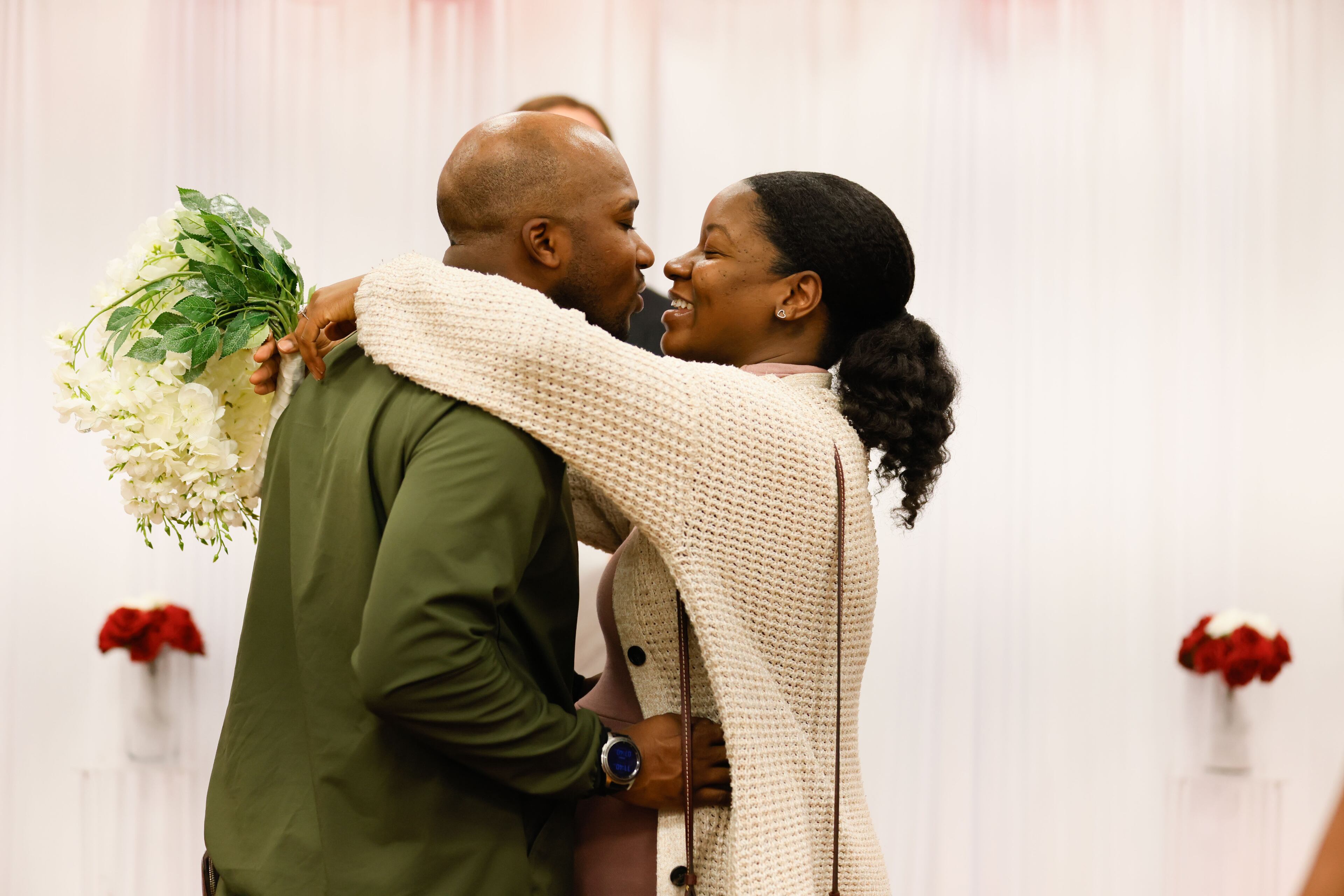 Justin Emmanuel Roman and Julisa Marie kisses after they got married during Valentine’s Day Free Weddings at the Fulton County Probate Court on Wednesday, Feb. 14, 2024, in Atlanta.
Miguel Martinez /miguel.martinezjimenez@ajc.com