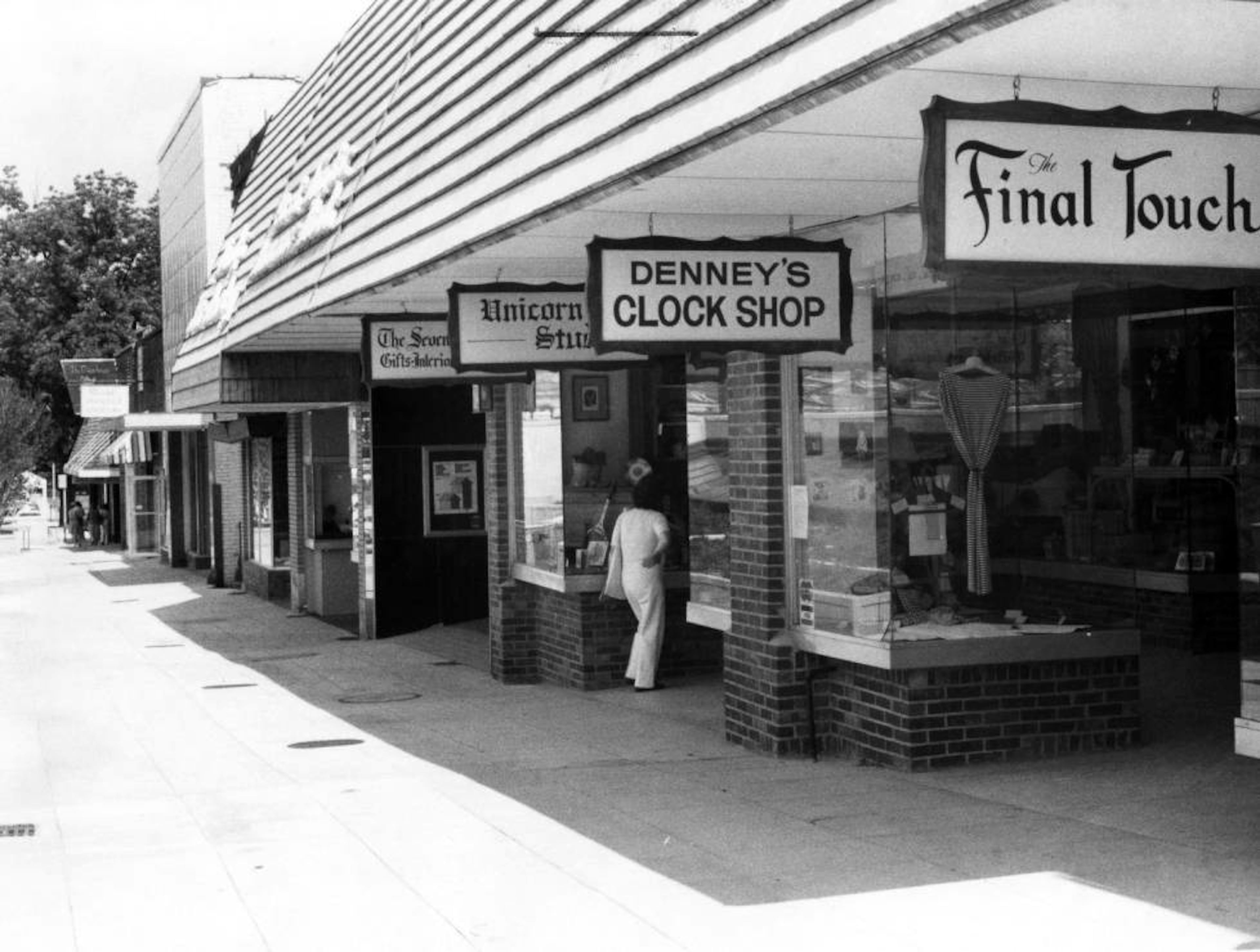 Storefronts and shop signs in downtown Decatur in September 1979.