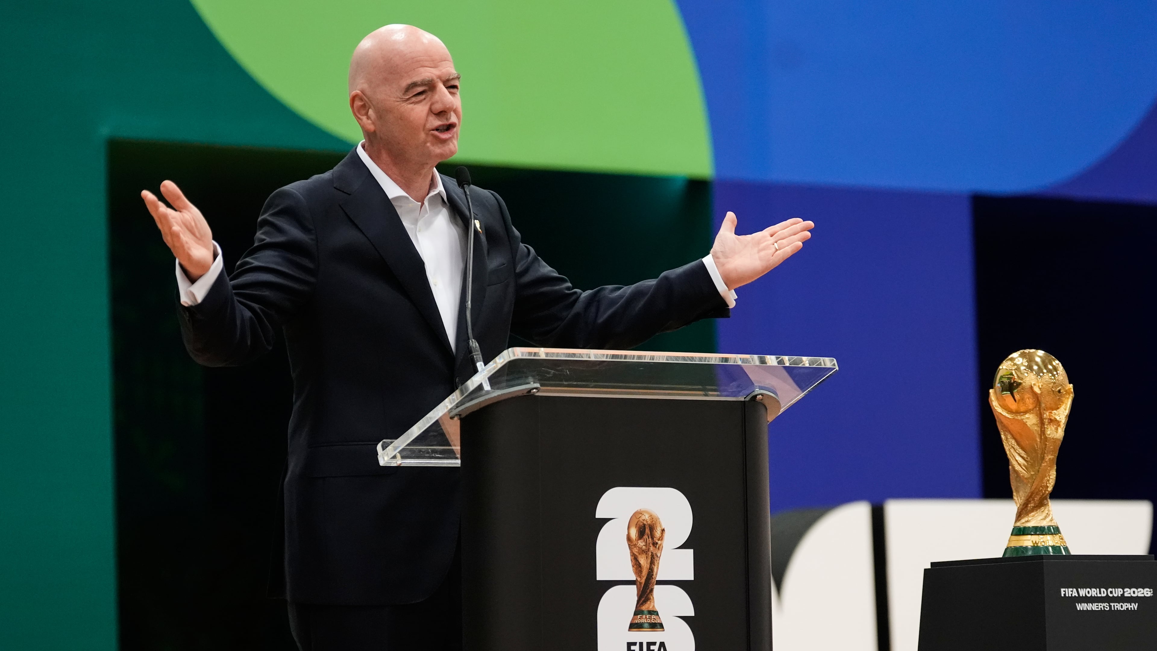 FIFA President Gianni Infantino makes comments during the opening ceremony of the International Broadcast Center Monday, June 1, 2026, in Dallas. (AP Photo/Tony Gutierrez)