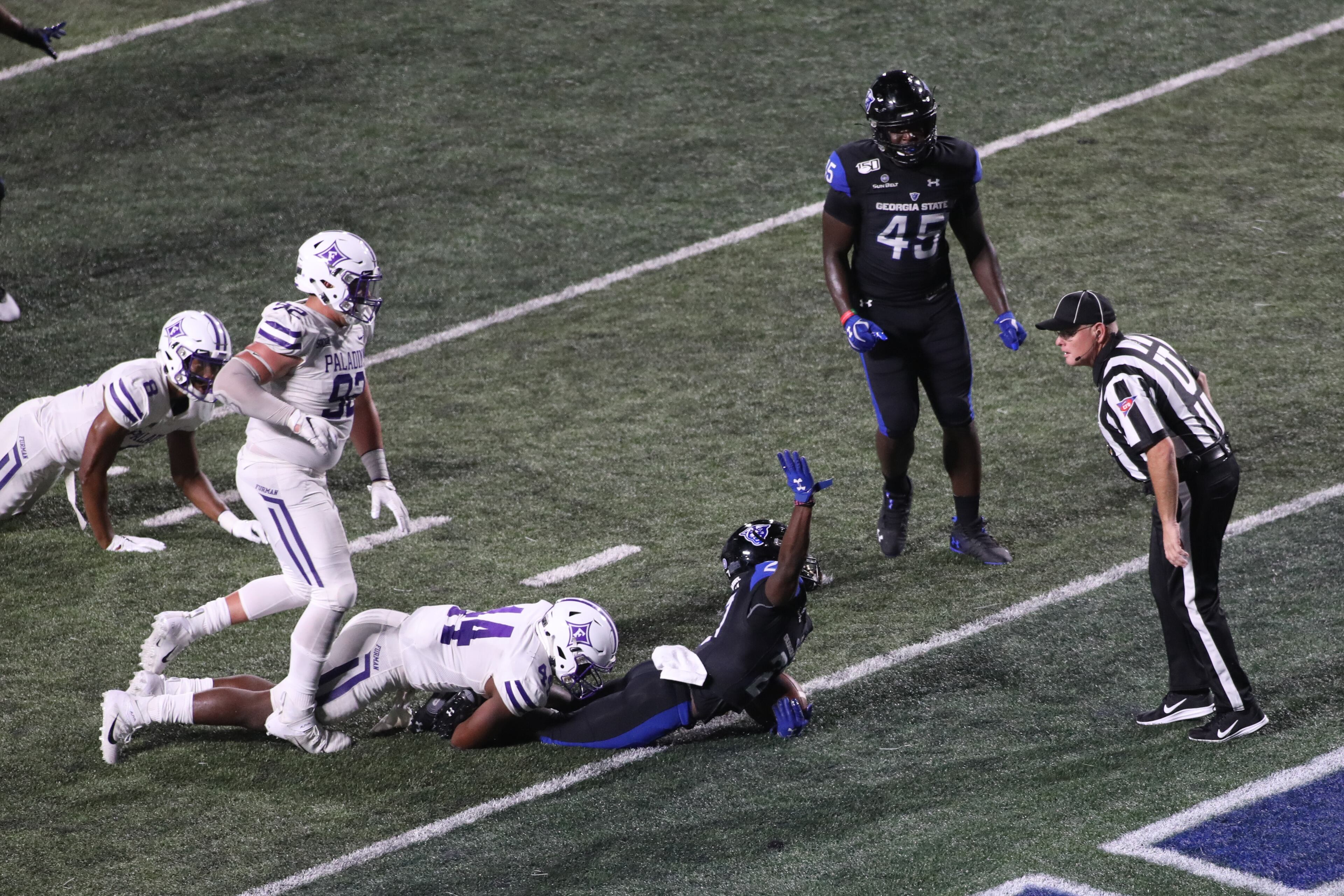 Georgia State Panthers wide receiver Terrance Dixon (27) scores a touchdown against Furman Paladins during a college football game at Georgia State Stadium, Saturday, Sept. 7, 2019, in Atlanta. BRANDEN CAMP/SPECIAL