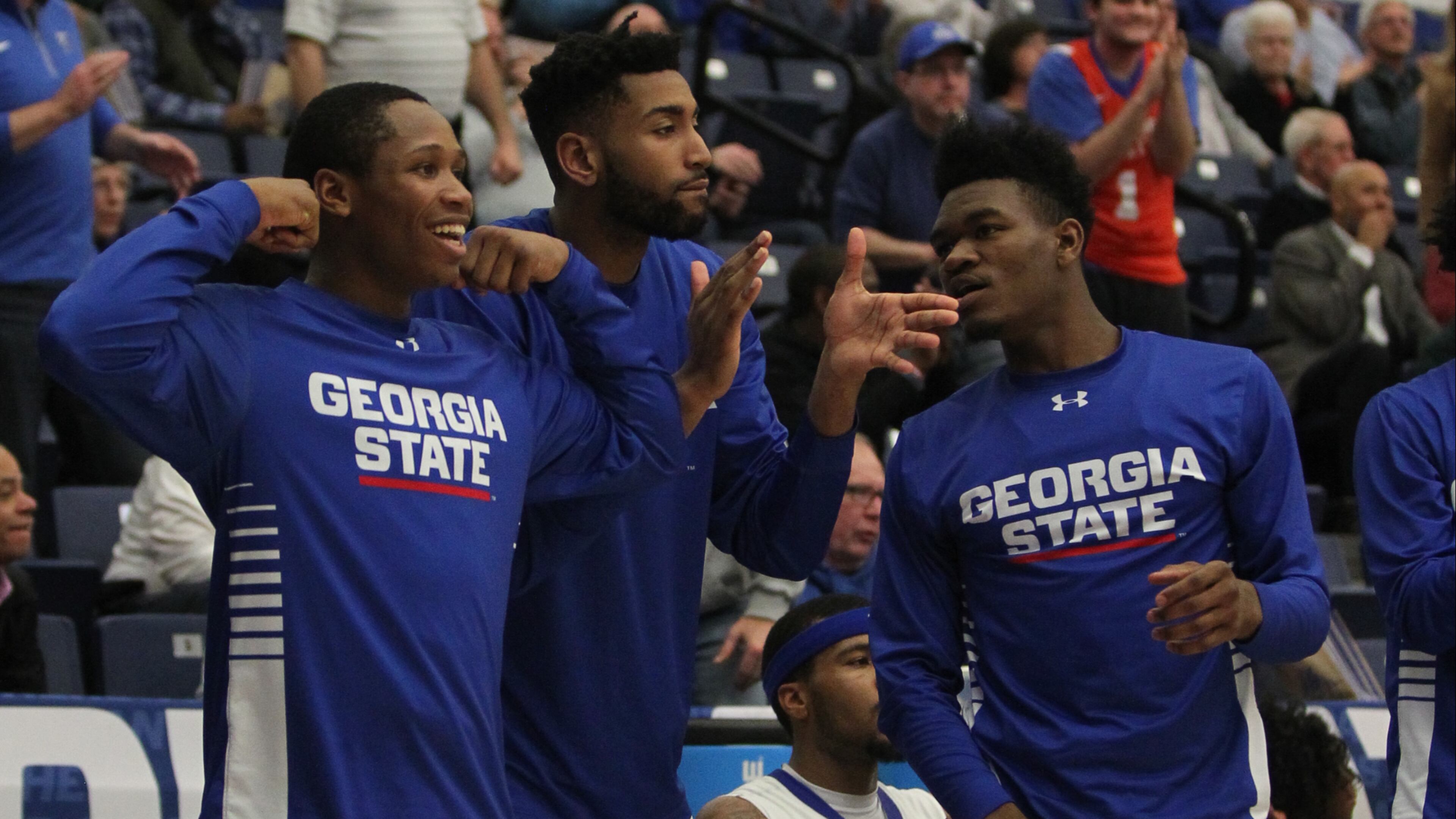 GSU players celebrate. (HENRY TAYLOR / HENRY.TAYLOR@AJC.COM)