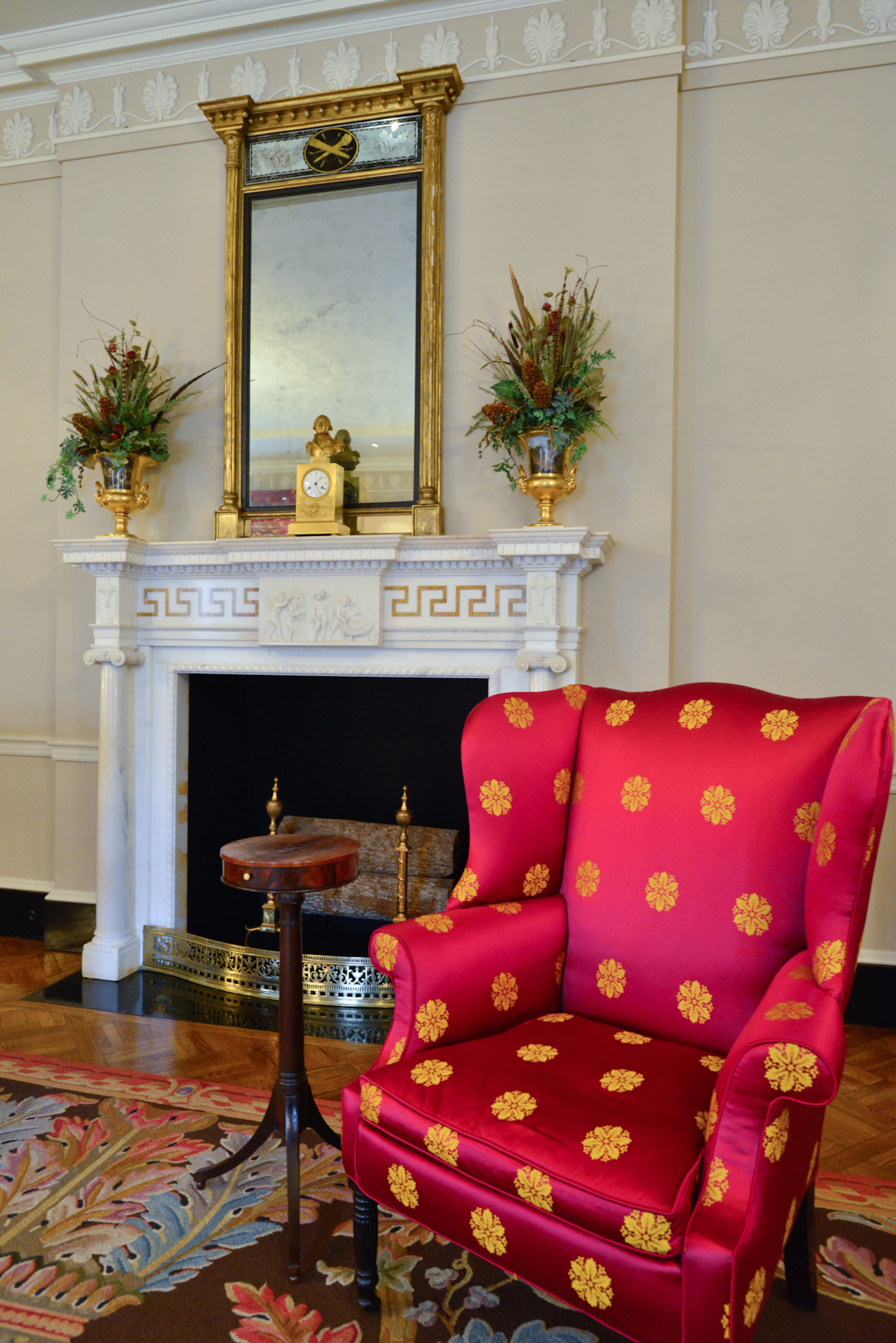 The Italian marble fireplace mantle in the state drawing room was made in England in 1790.