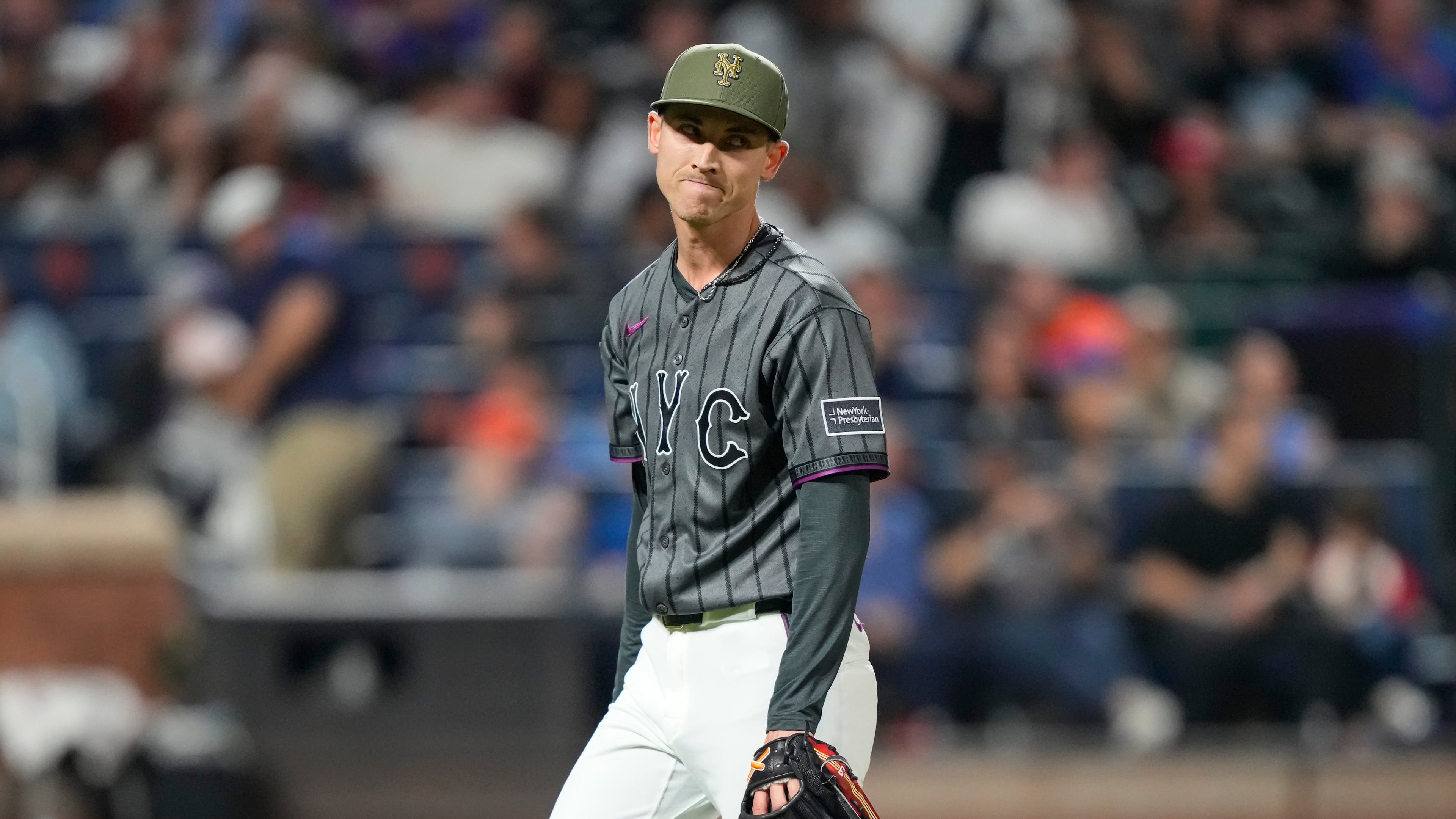 New York Mets pitcher Luke Weaver reacts after the eighth inning of a baseball game against the New York Yankees, Saturday, May 16, 2026, in New York. (AP Photo/Yuki Iwamura)